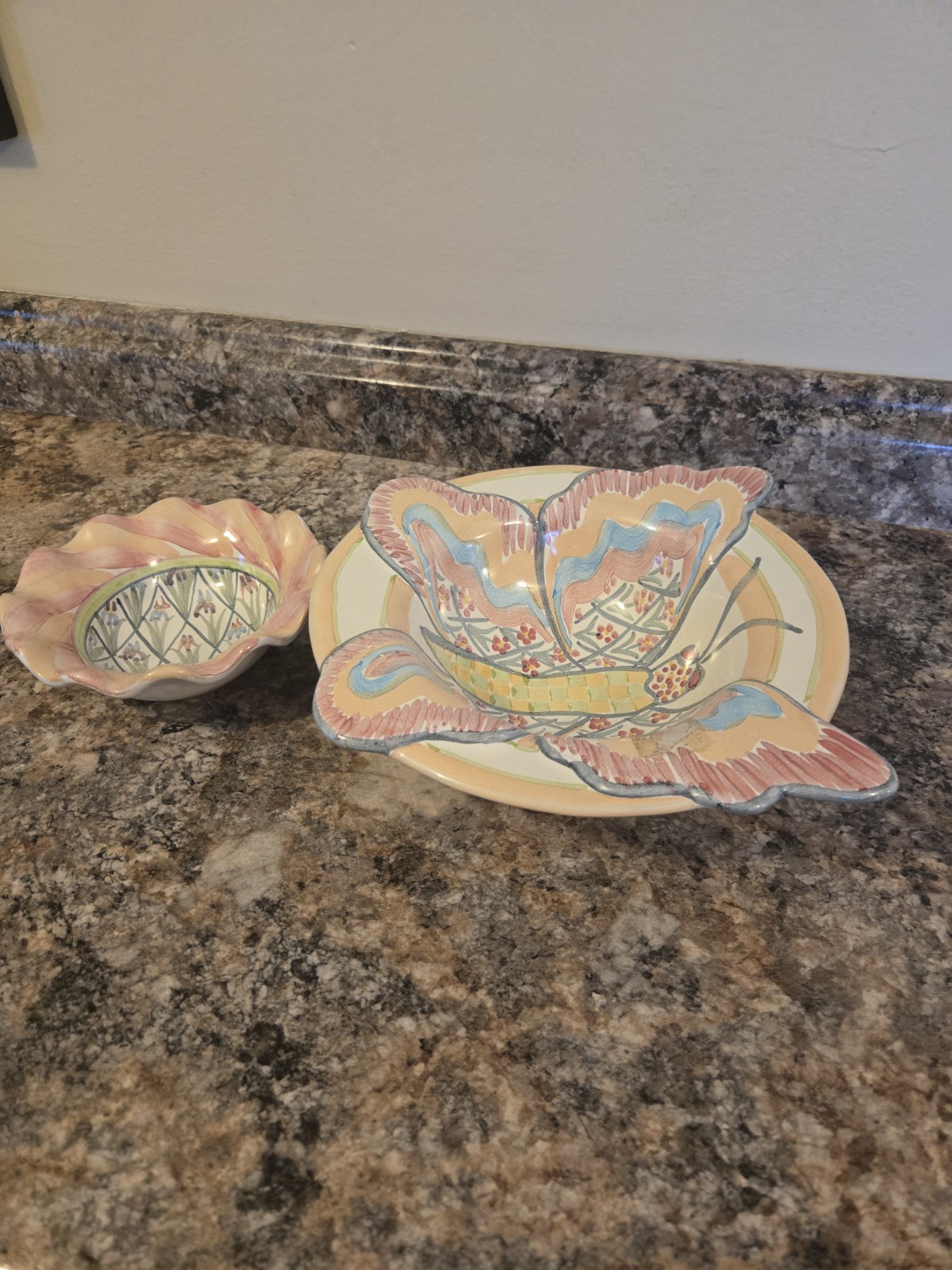 2 HTF Mackenzie Childs Ceramic 8.5″ Butterfly Bowl Retired Plus Iris Bowl