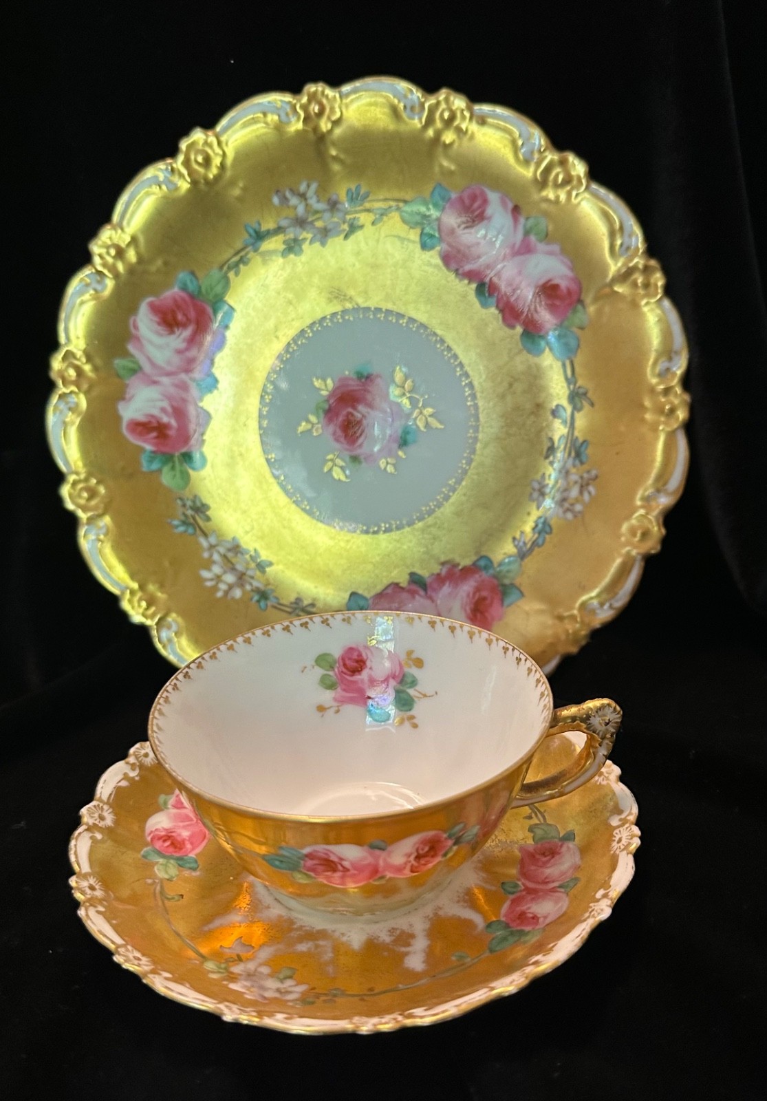 Antique Limoges Coronet Heavy Gold Cabbage Roses Trio Cup Saucer Plate handpaint