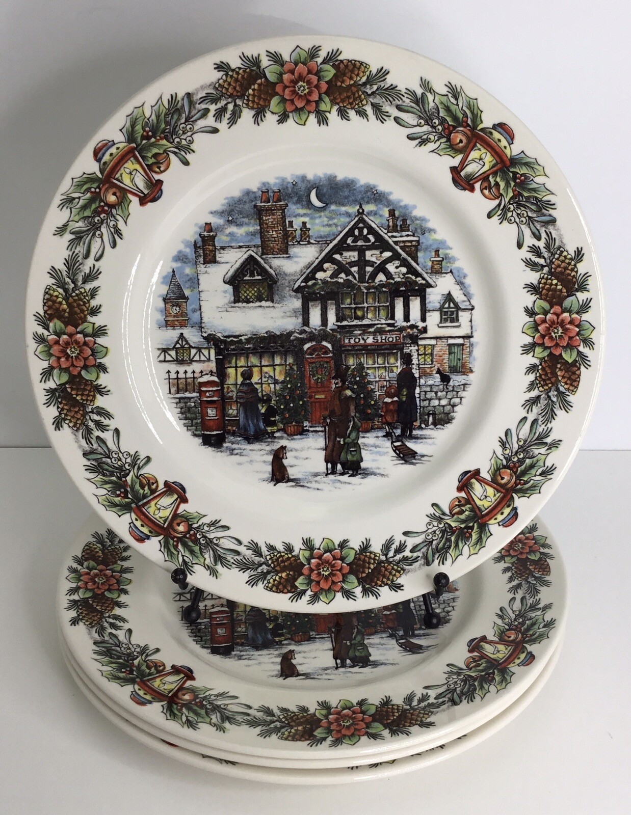 4 Royal Stafford Dinner Plates 11” Christmas Toy Shop Winter Snow NEW