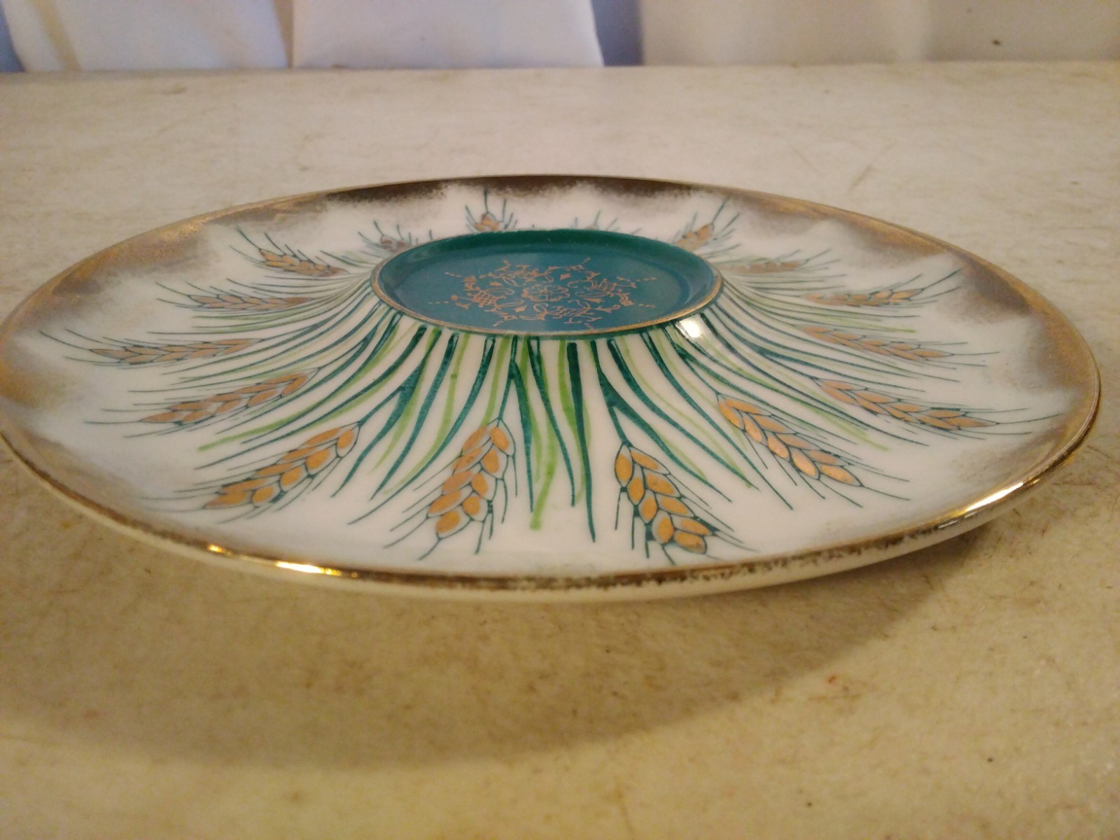 Vtg Green Aqua Porcelain Atomic Wheat MCM Saucer Iridescent