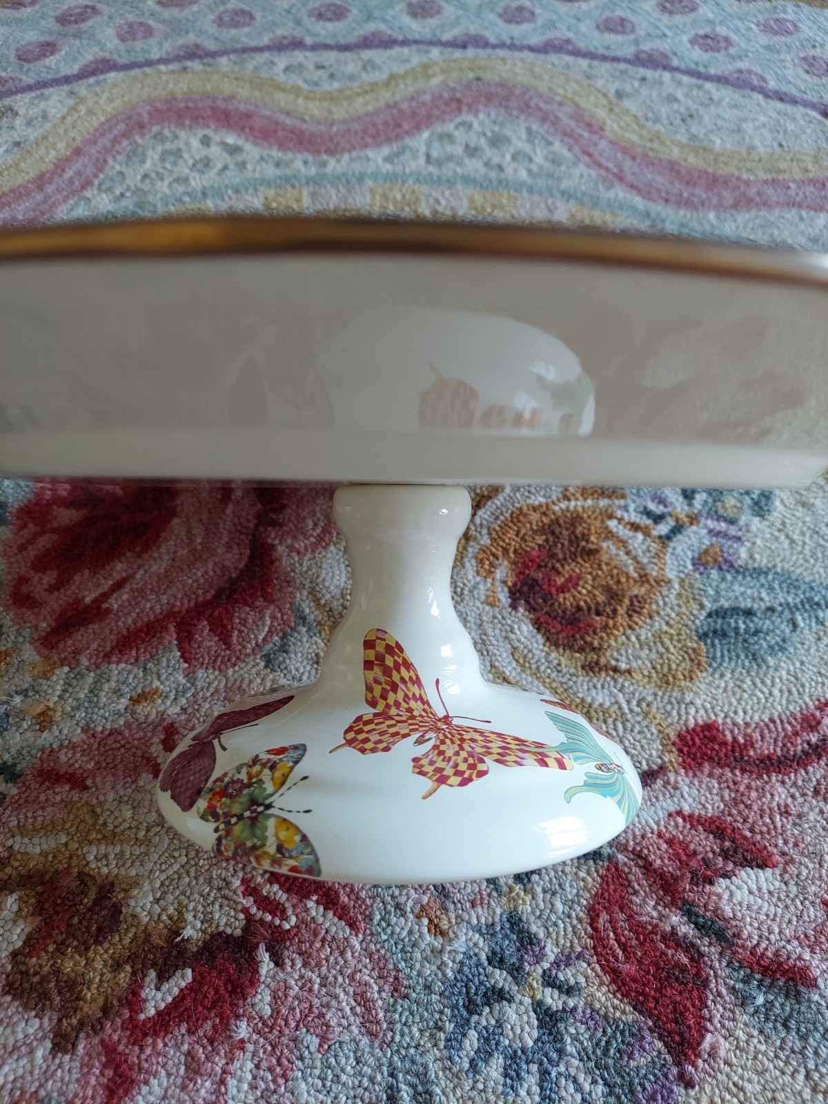 Mackenzie-Childs Butterfly Garden Pedestal Platter With Courtly Check