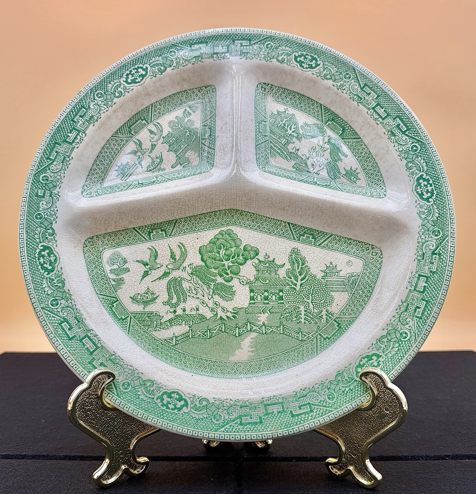 Vintage Romarco Ware Green Willow Divided Grill Plate 1950’s England (4 Pcs)