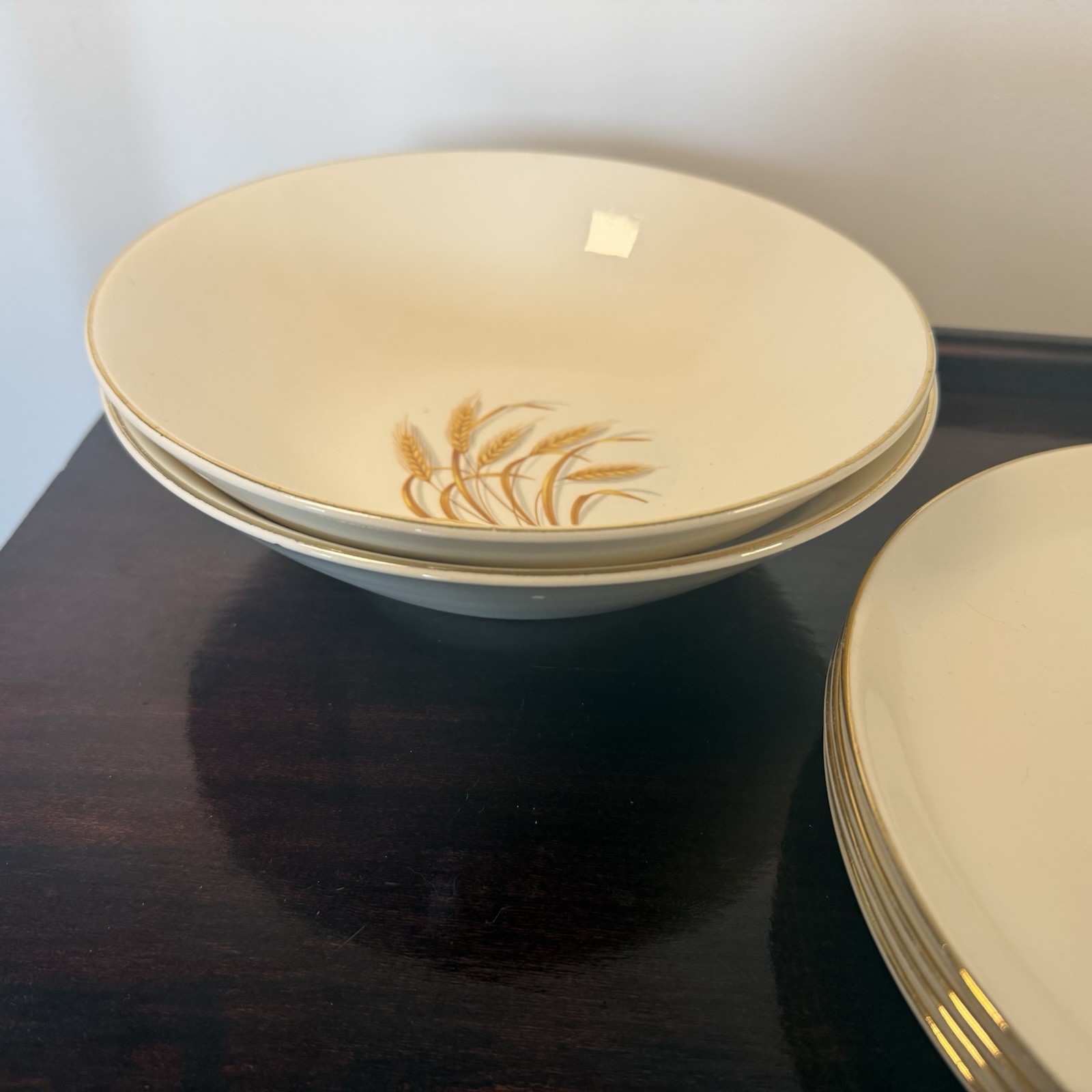 Homer Laughlin Vintage Golden Wheat 7 Piece Lot Plates Bowls Gravy Boat 22K Gold
