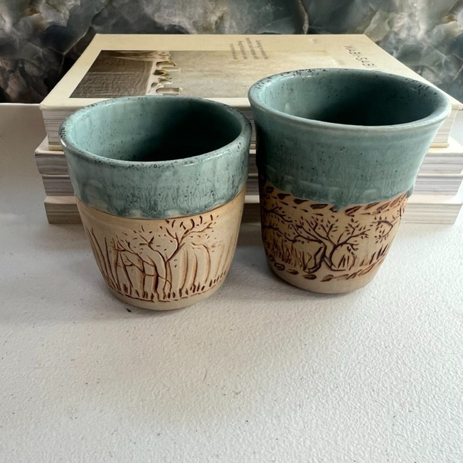 Unmarked Stoneware Tumbler Cups Speckled Blue Etched Tree Design Set of 2