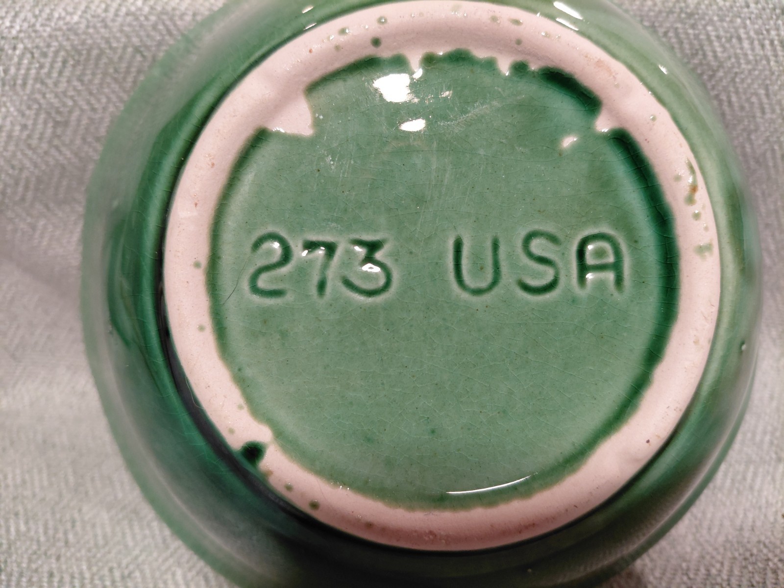 California Pottery 273 USA Green & Blue floral drip glaze bowl MCM