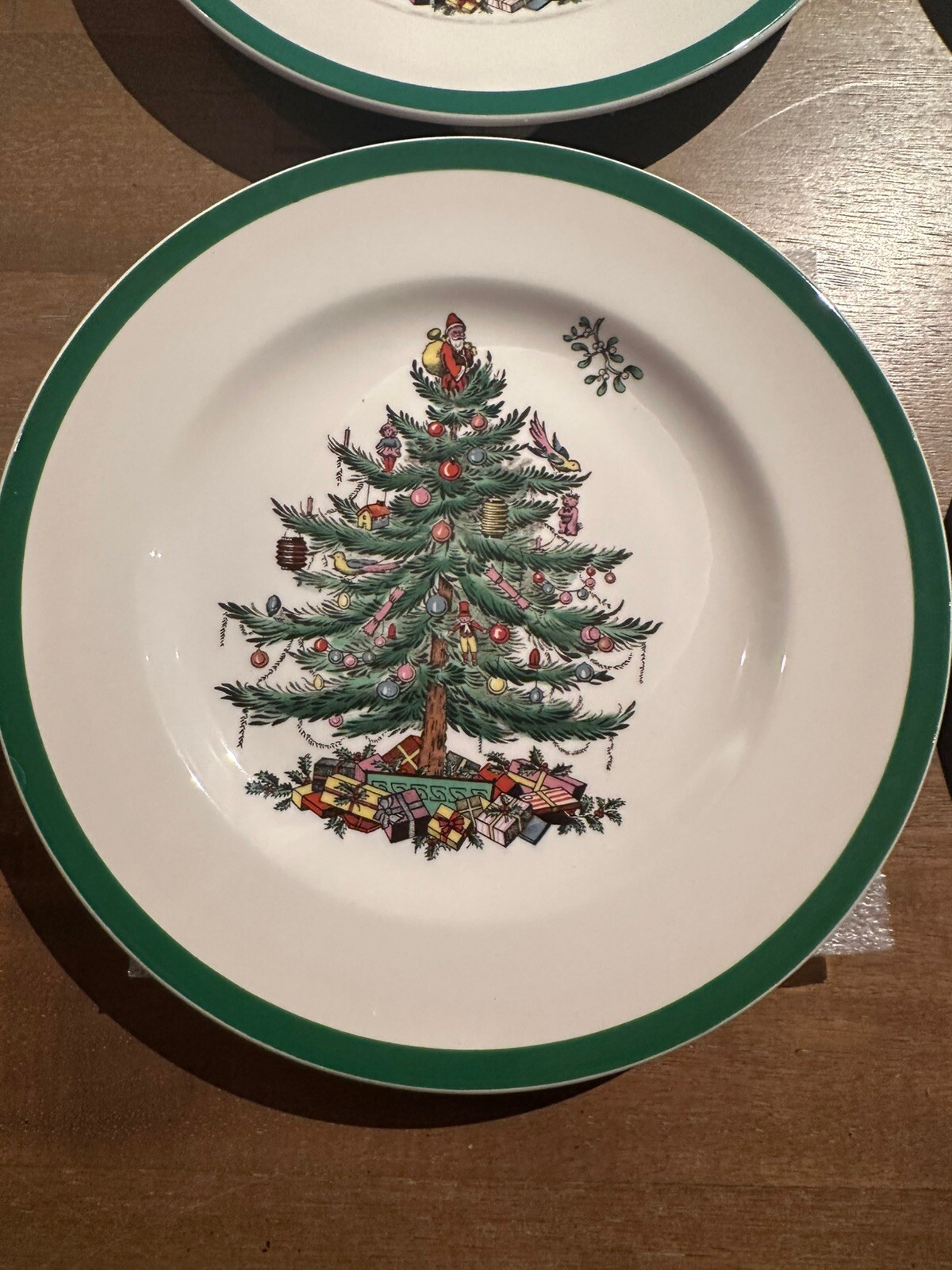 NEW Set 4 SPODE Christmas Tree Salad 8″ Plates Green Trim #3324 Dessert w/box