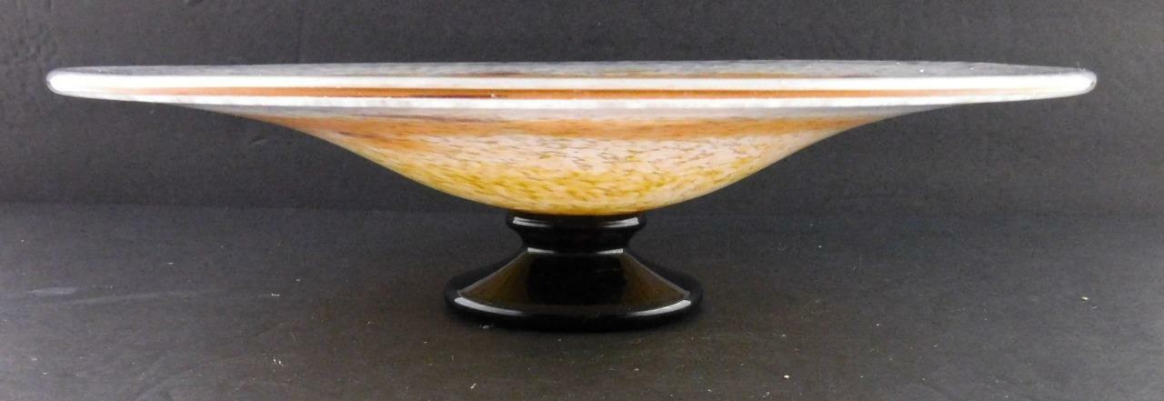 Vintage Art Glass Footed Dish or Stand White Orange Swirl Pattern Unsigned