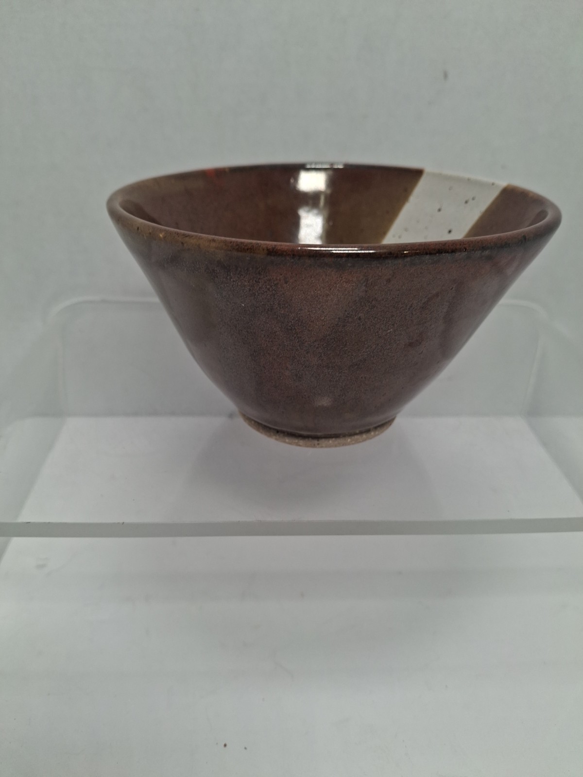 Vintage Signed Studio Art Pottery Bowl Mid Century Brown White Asymmetrical…