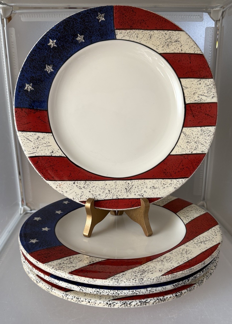 set of 4 Colonial Dinner Plates 10.5″ Sakura Warren Kimble Stoneware 1997