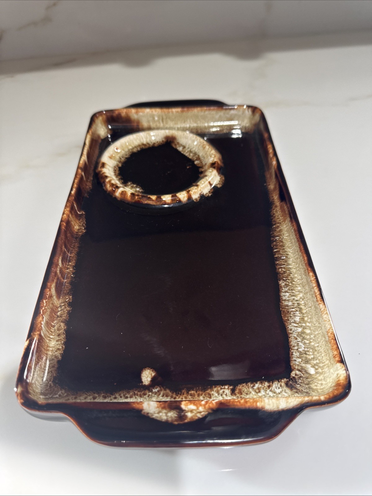 Vintage Pfaltzgraff Gourmet Brown Drip Stoneware Snack Tray / Platter #396 USA