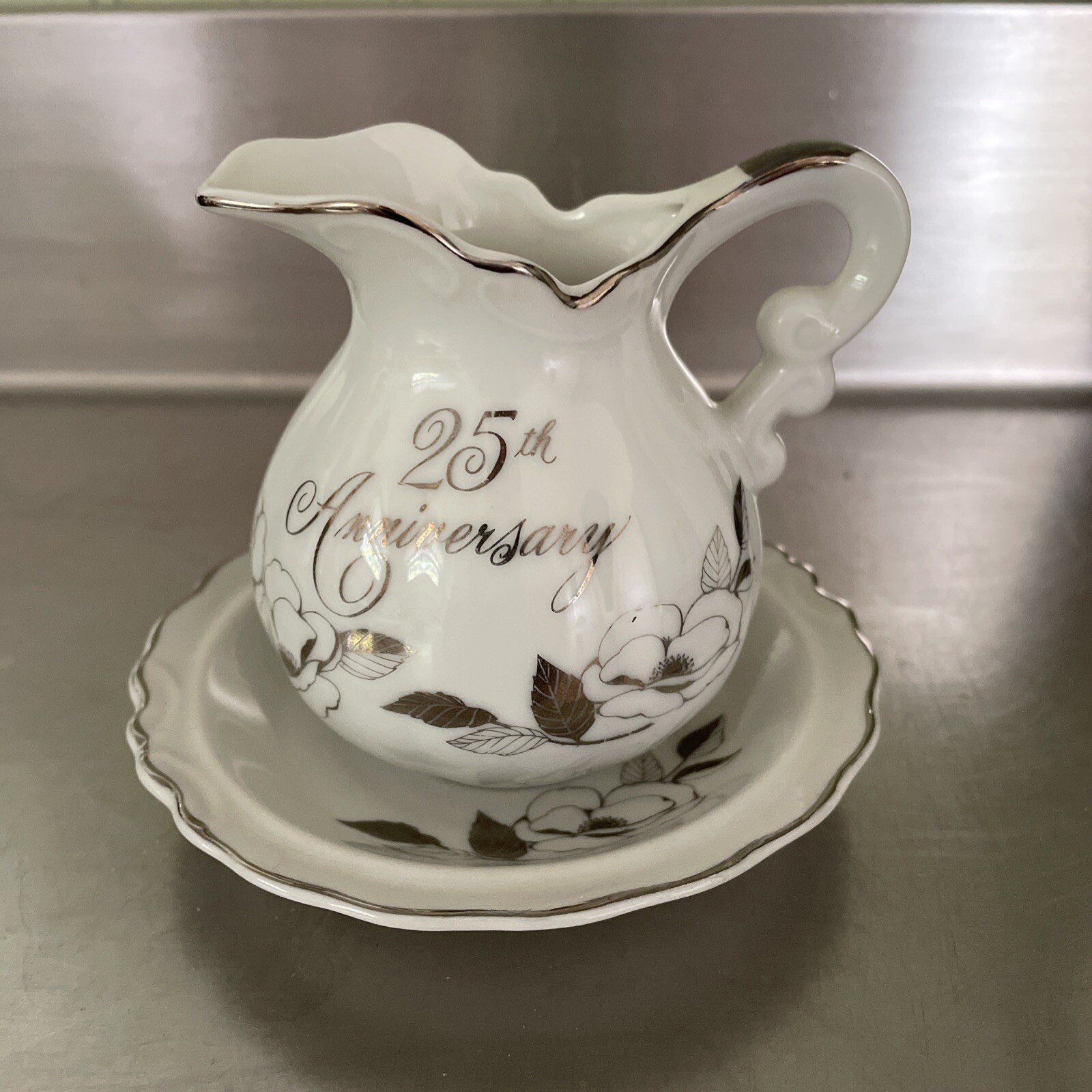 VTG Sliver Trim 25th Anniversary Creamer Pitcher and Saucer George Good Japan