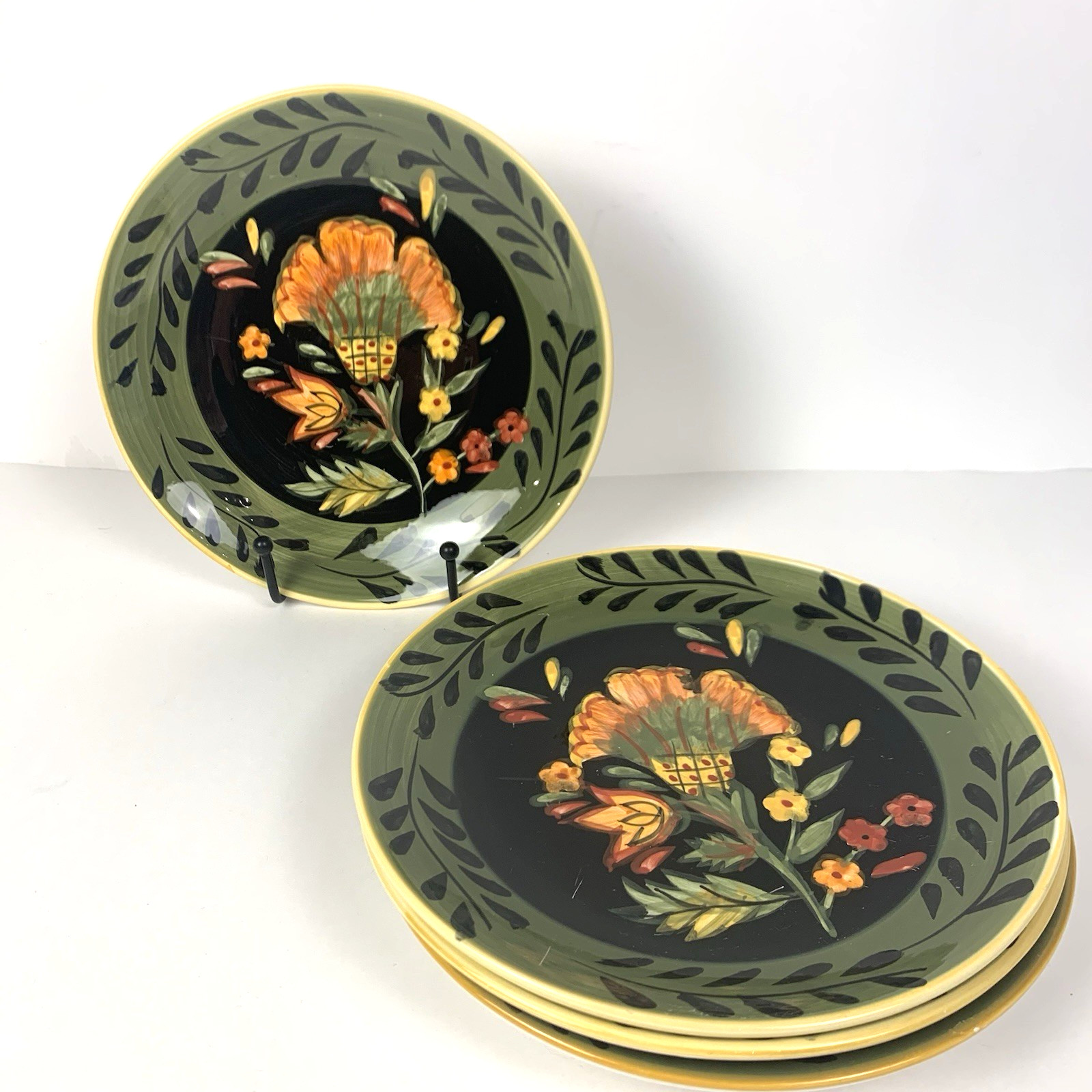 222 Fifth Arabian Flower 8″ Salad Plate Handpainted Green Black Orange Set of 4