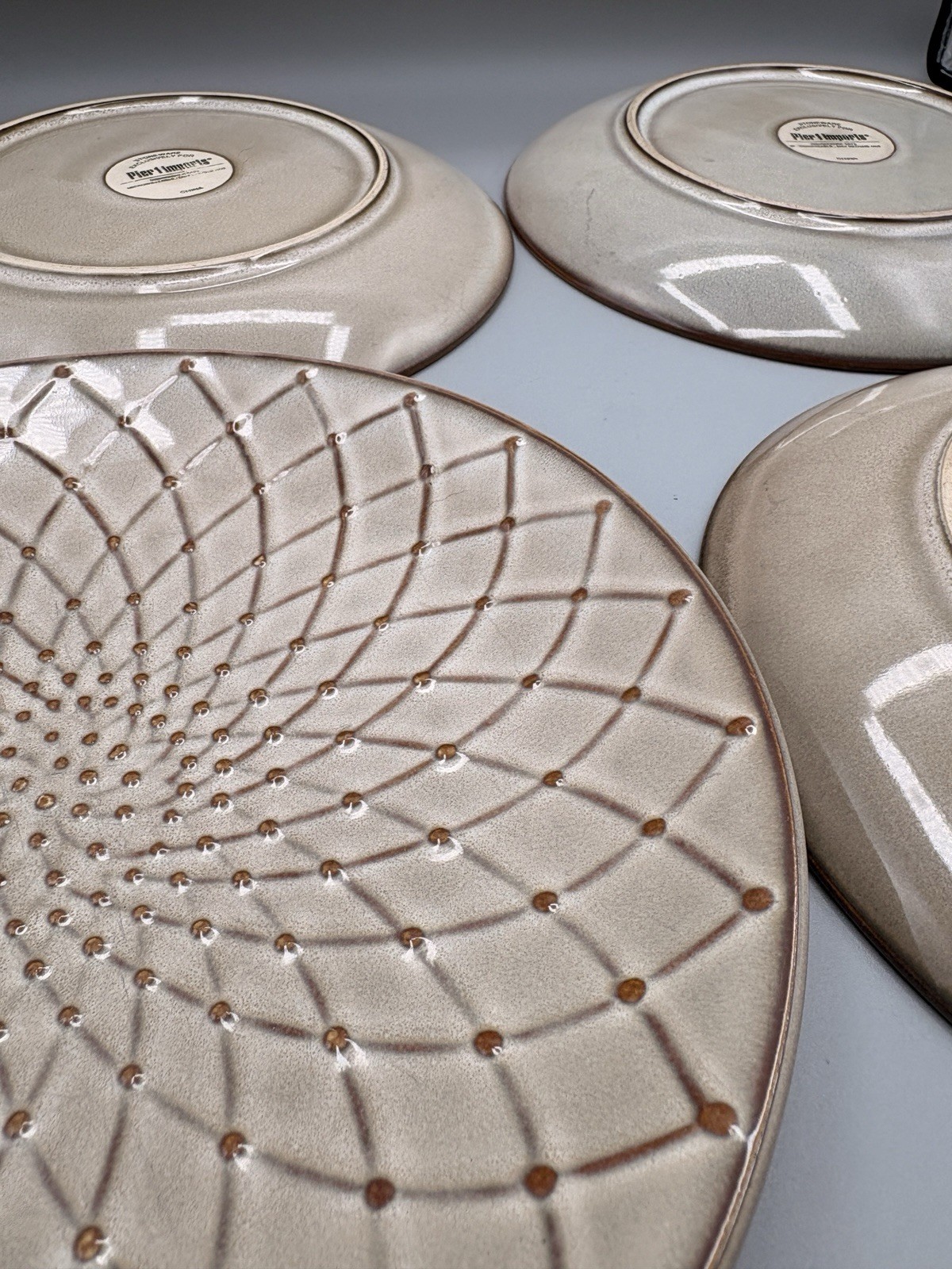 Pier 1 Stoneware Salad Plates Beige Brown Geo Embossed 8.5″ Lot Of 4