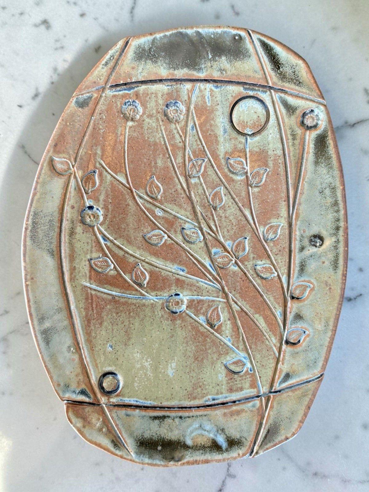 Studio Art Pottery Platter / Tray With Botanical Motifs, Incised And Signed
