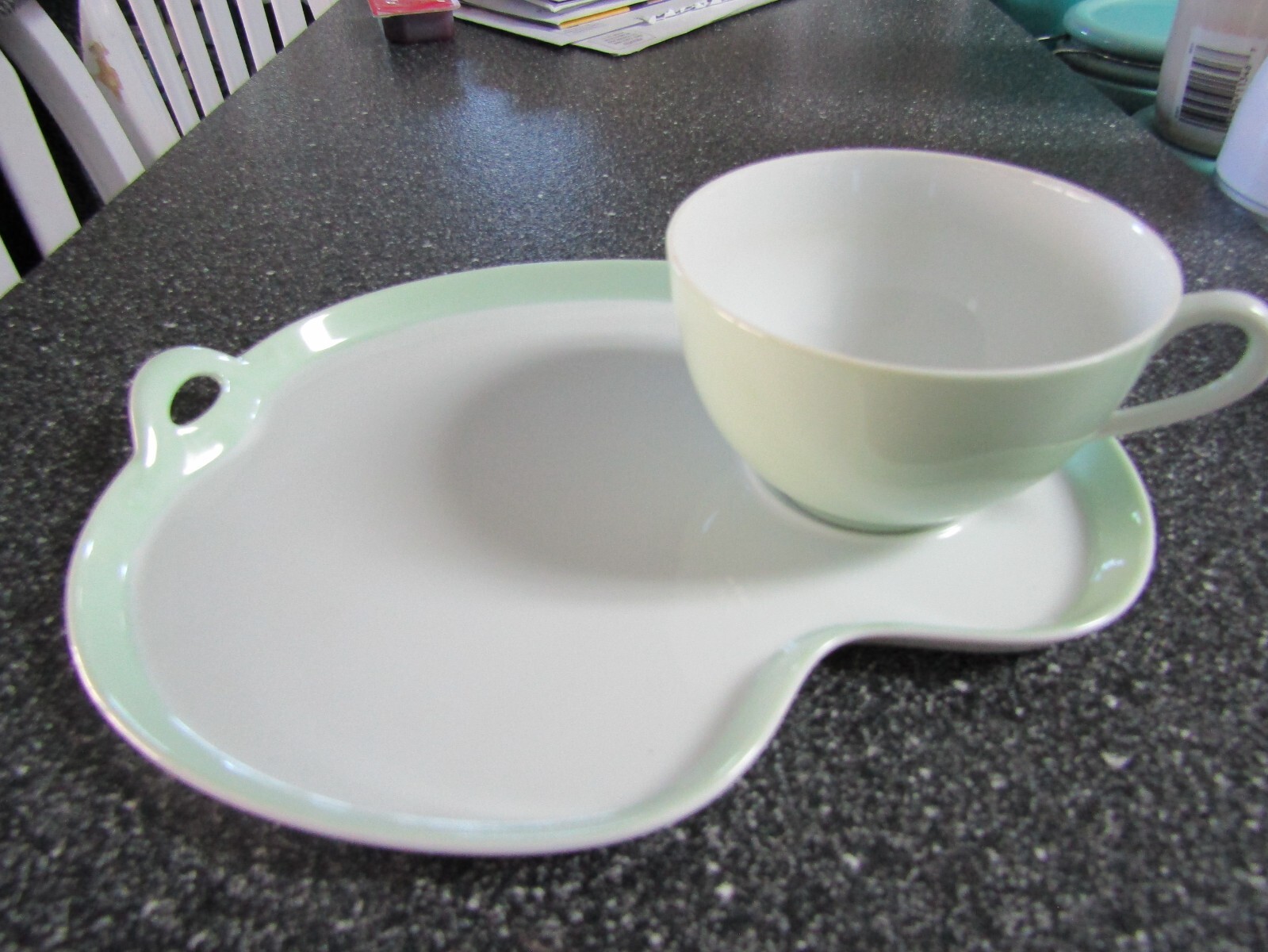 Noritake Green & White Porcelain Asymmetrical Shape Snack Plate & Cup Set
