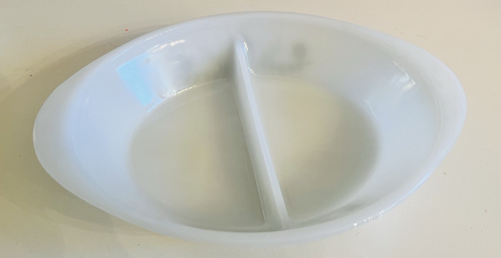Milk  Glass   Divided  Dish  With   Green  Flower  Decoration