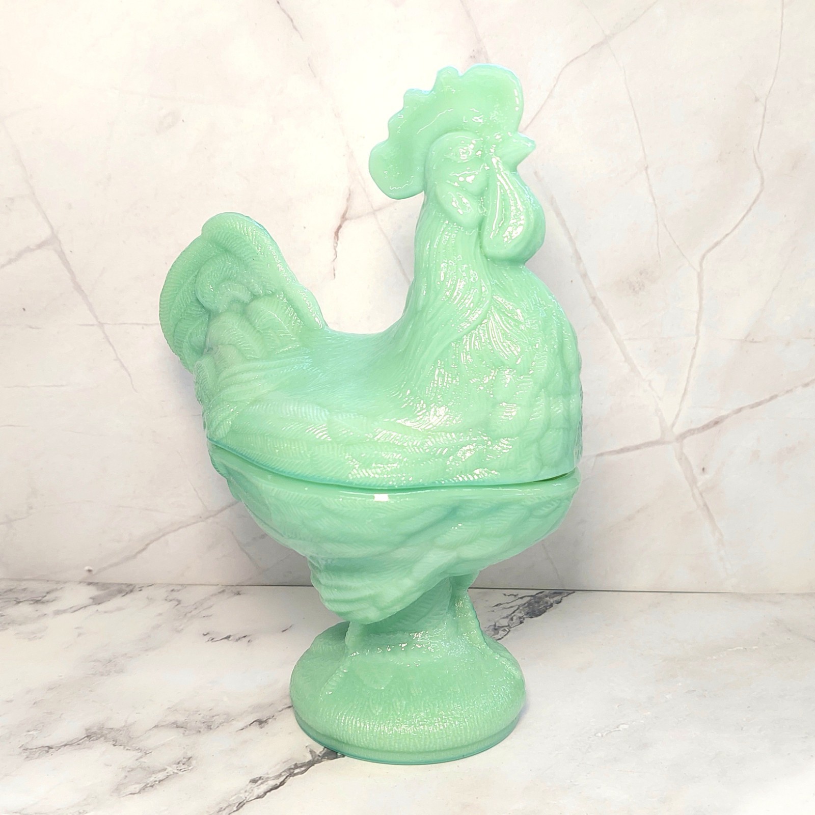 Green Jadeite Depression Style Glass Rooster Chicken Candy Dish, Hen on Nest