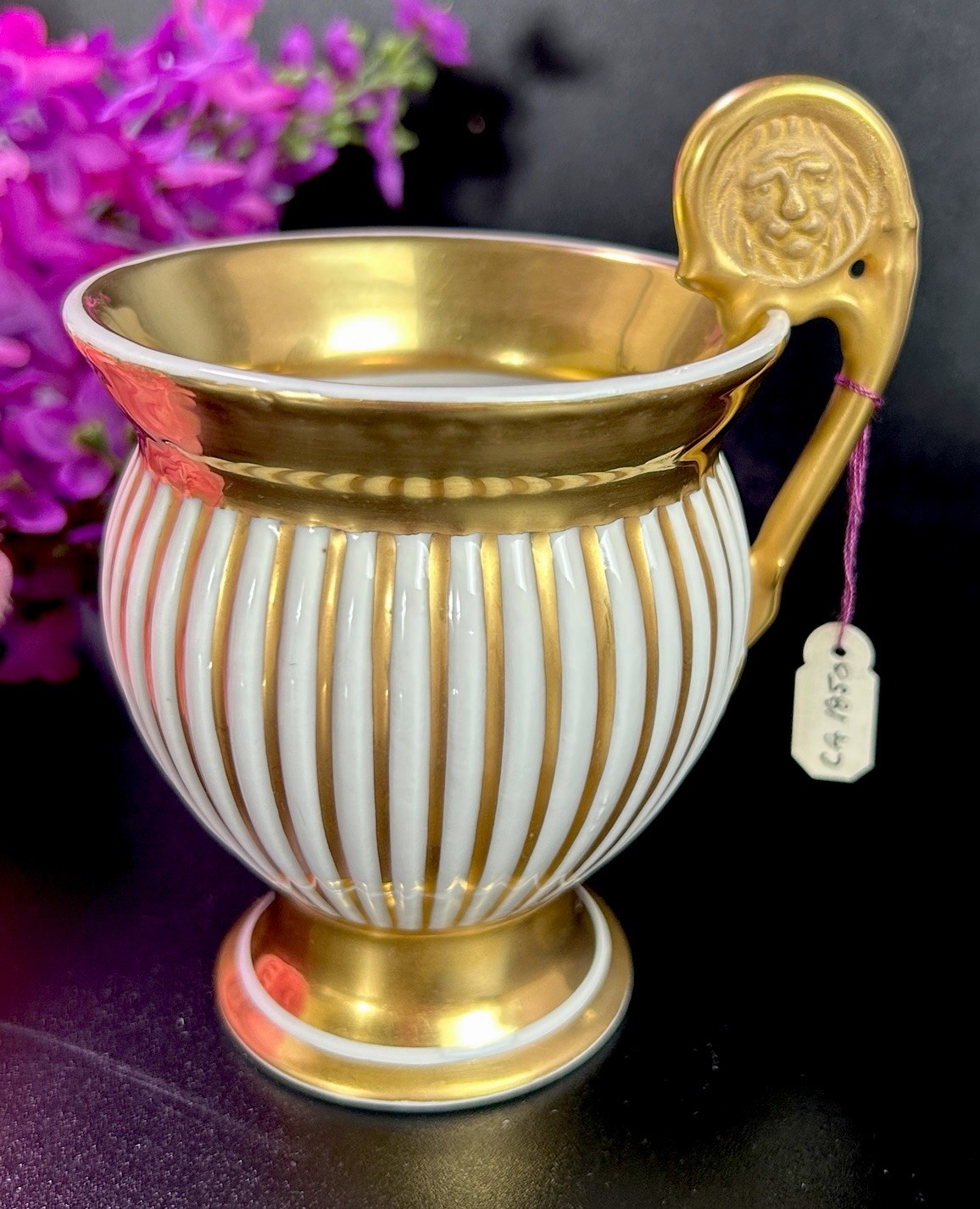 Antique Royal Porzellan Manufaktur RPM Lion Handle Cup Gold Stripes 4 3/8”