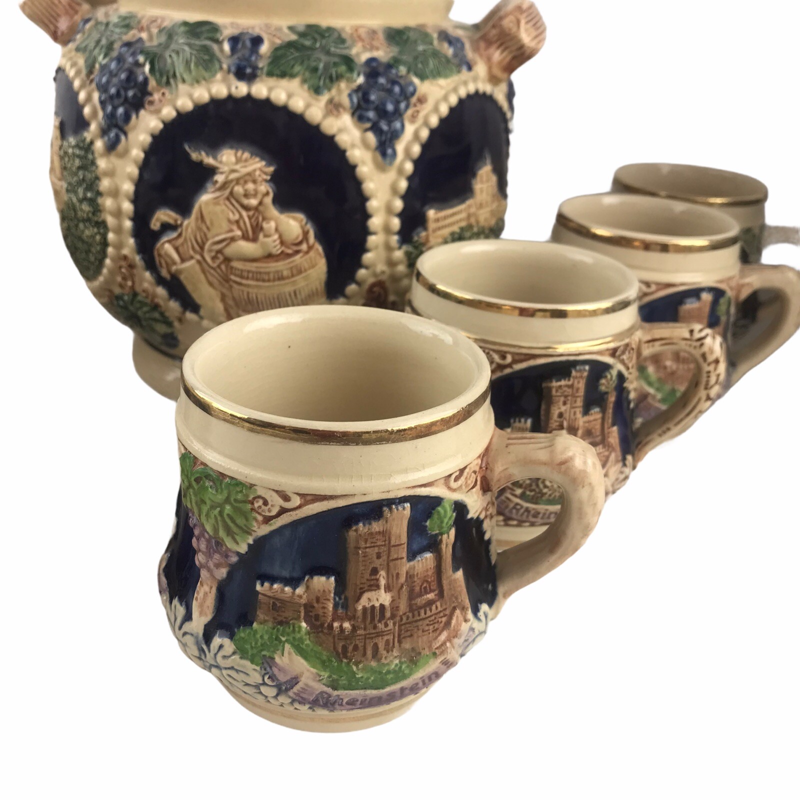 Vintage German Punch Cider Bowl Set 8 Cups Mugs Steins Castles Stoneware
