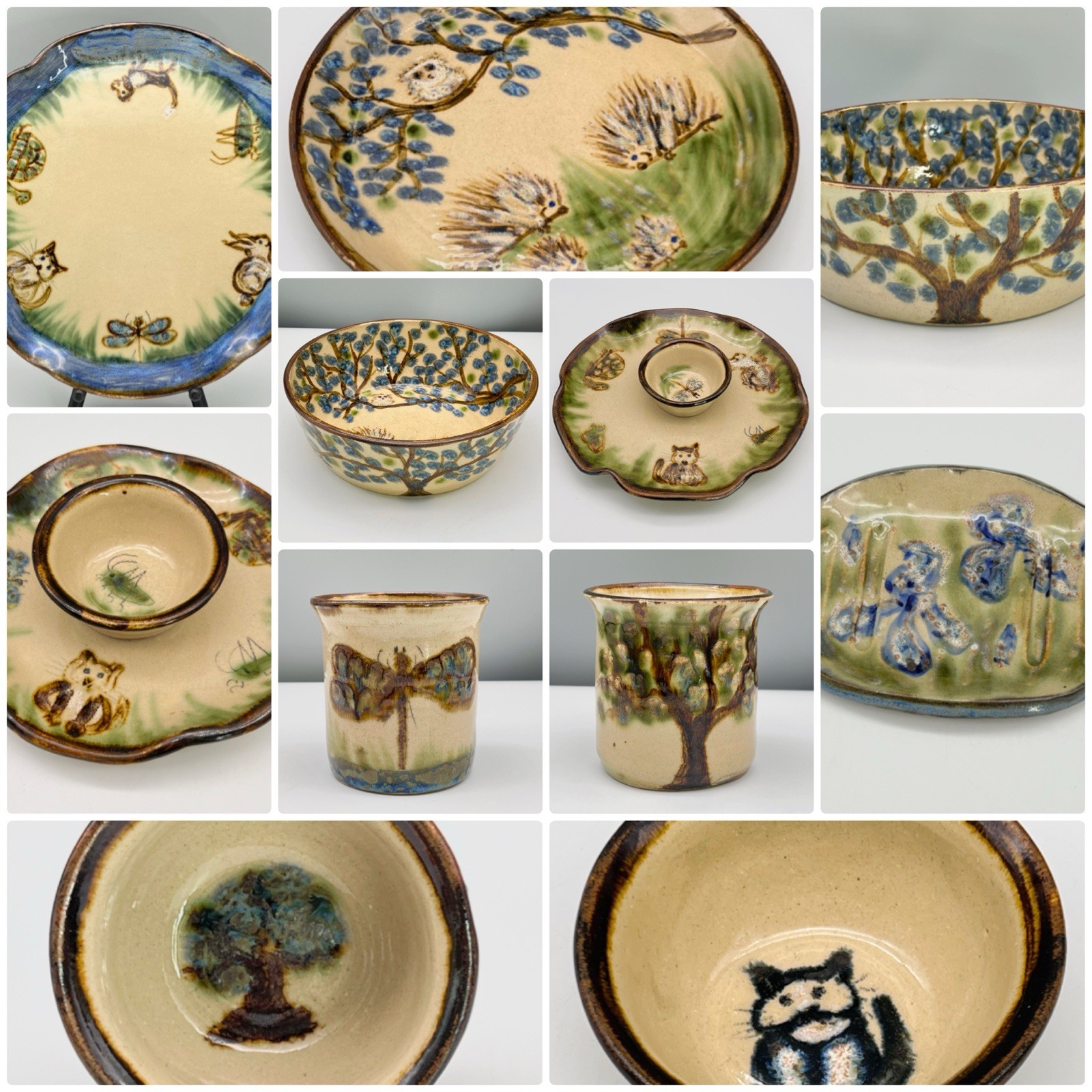 Janet Resnik HUGE 15.25″ LAZY SUSAN PLATTER Country Animals STUDIO ART POTTERY