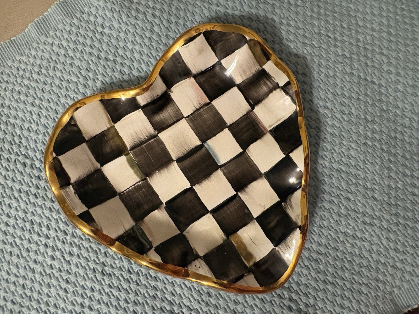 MacKenzie-Childs Courtly Check Heart Dish Tray Hand Painted Gold Trim 2012