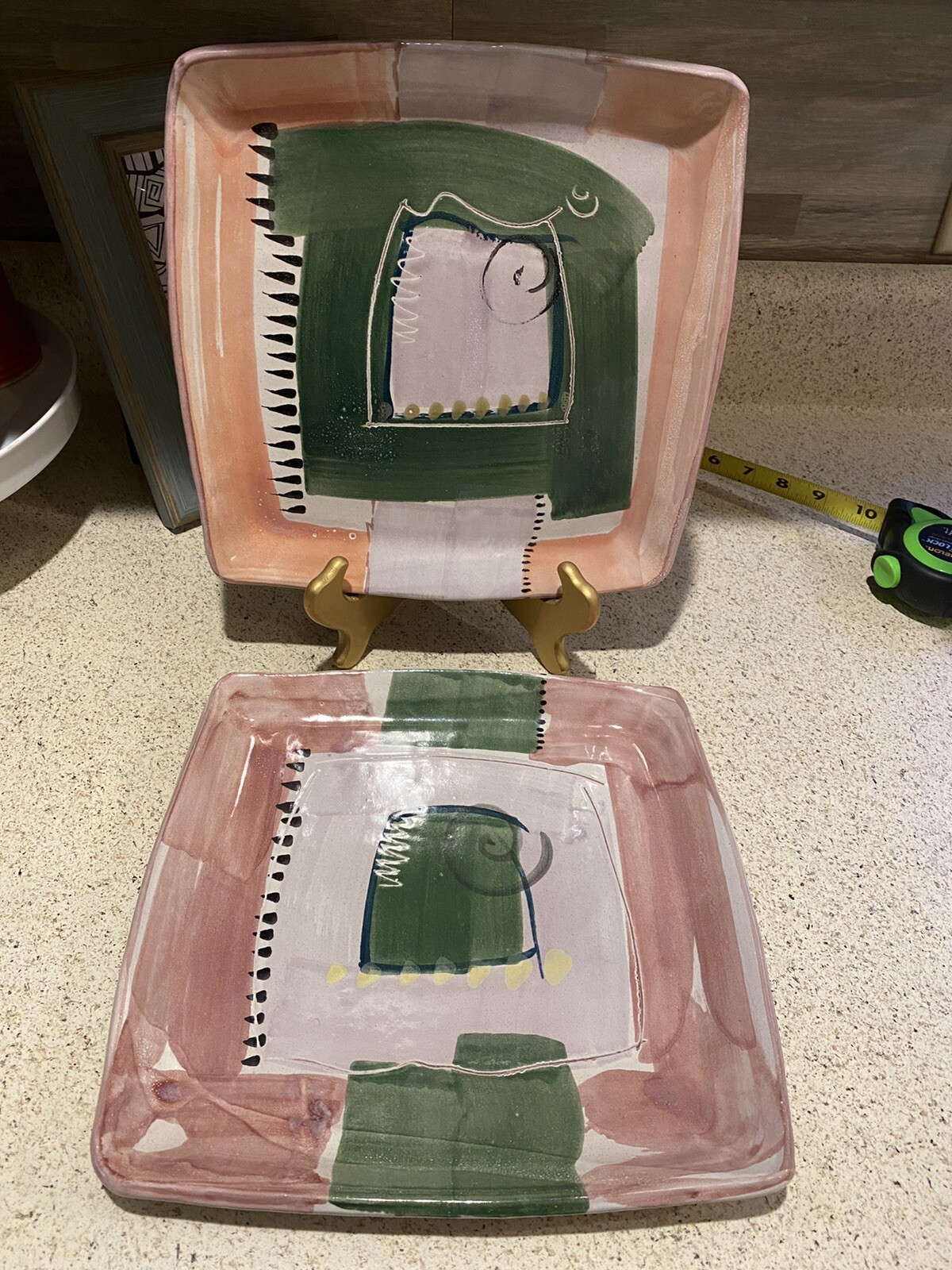 Egan Set Of Two Handmade Painted Square Art Pottery Abstract Design Plates