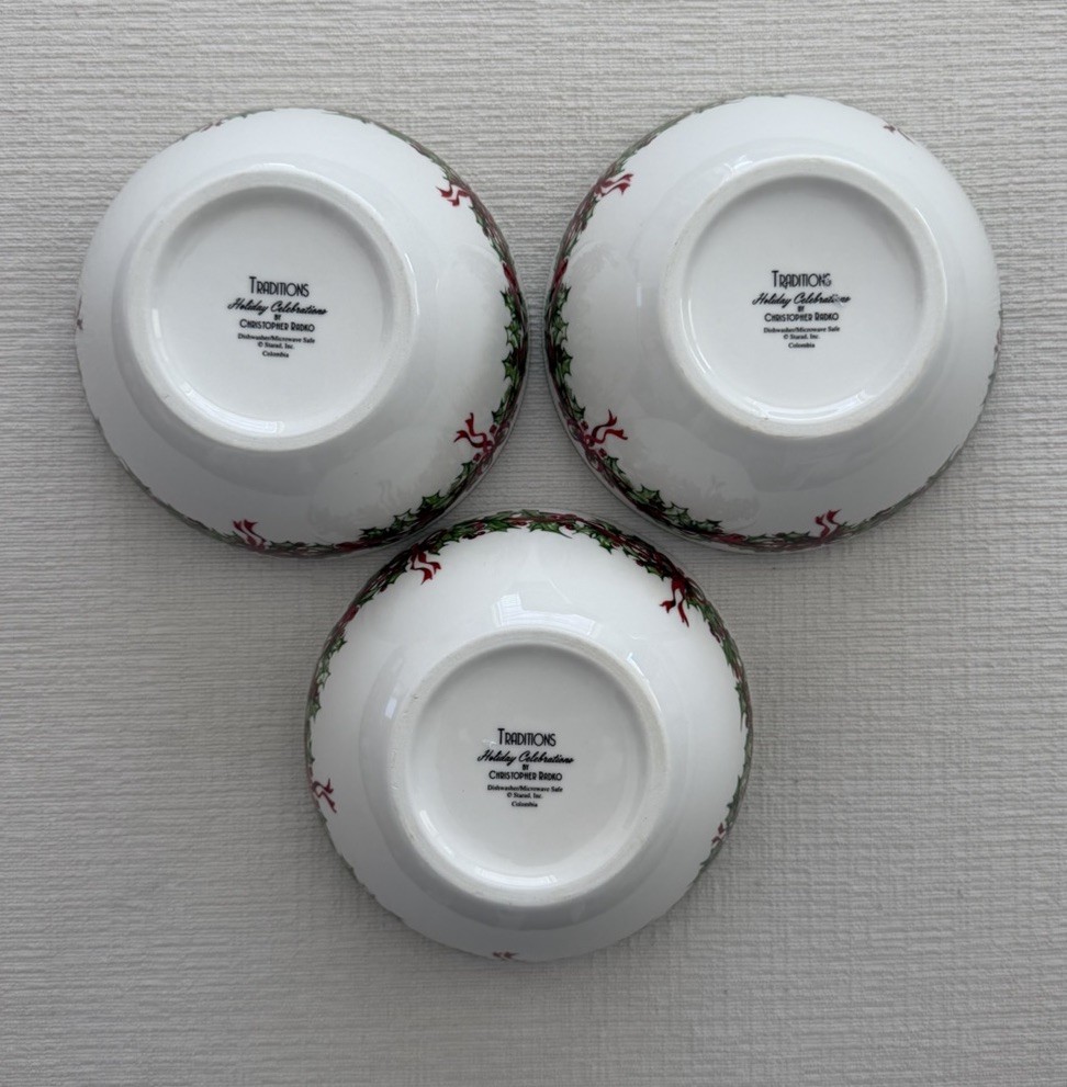 Christopher Radko 6” Traditions Holiday Celebrations Bowl Soup Cereal Set of 3
