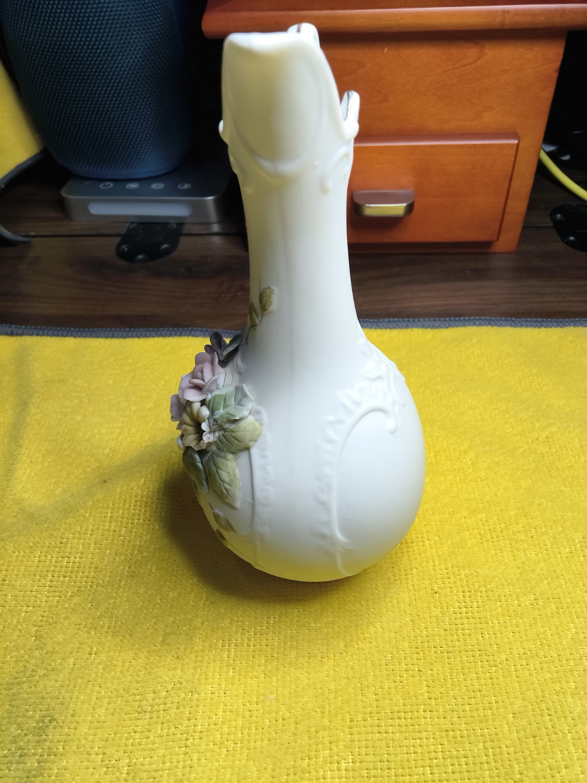 Lefton Porcelain Floral Pitcher White Pink Green Glossy Handle KW 4540