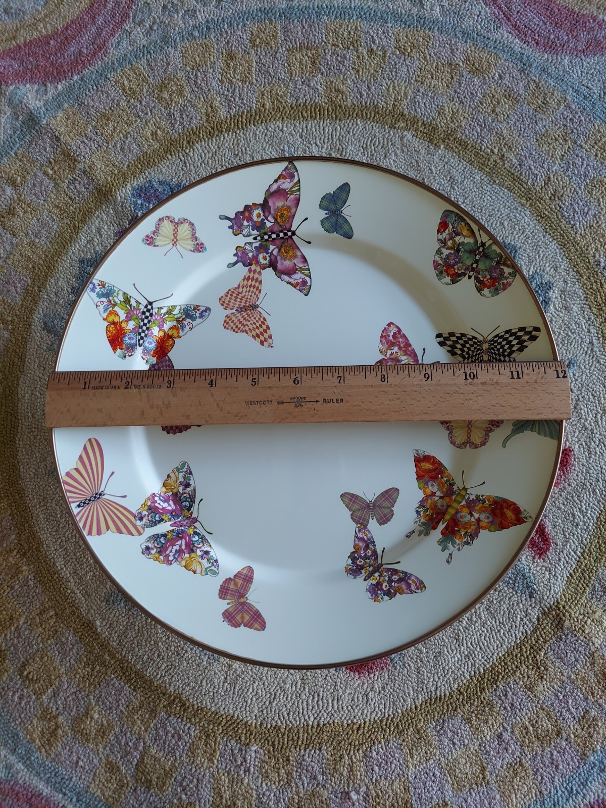 Mackenzie-Childs Butterfly Garden Pedestal Platter With Courtly Check