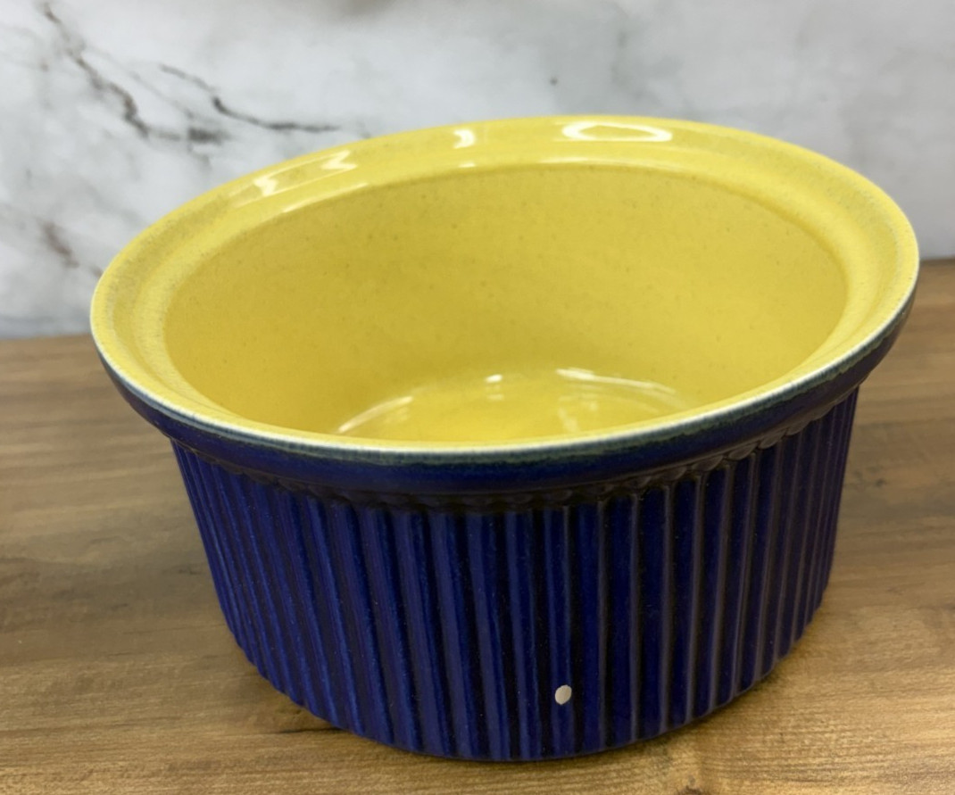 Dansk Soufflé / Casserole Dish Cobalt Blue & Yellow Ceramic Ribbed # 315