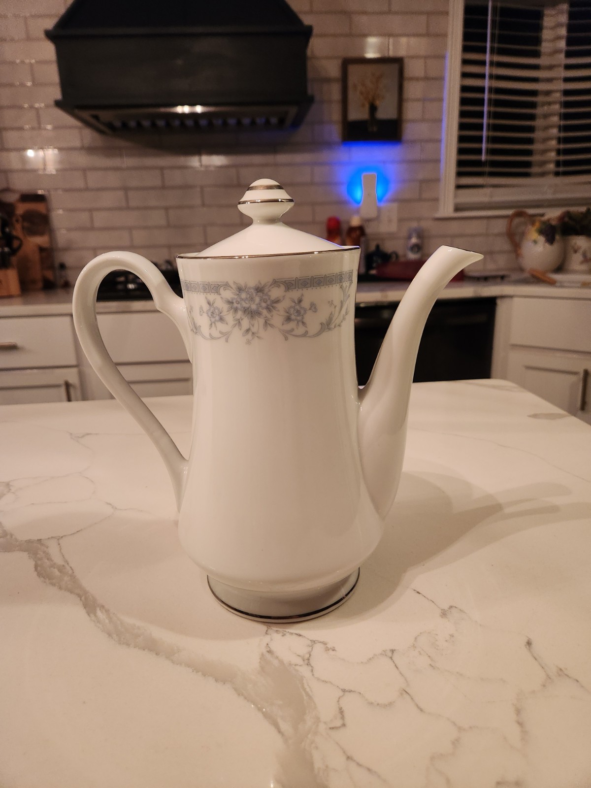 Sheffield Blue Whisper Porcelain Coffee Pot w/ Lid White/Blue Floral Band 1985