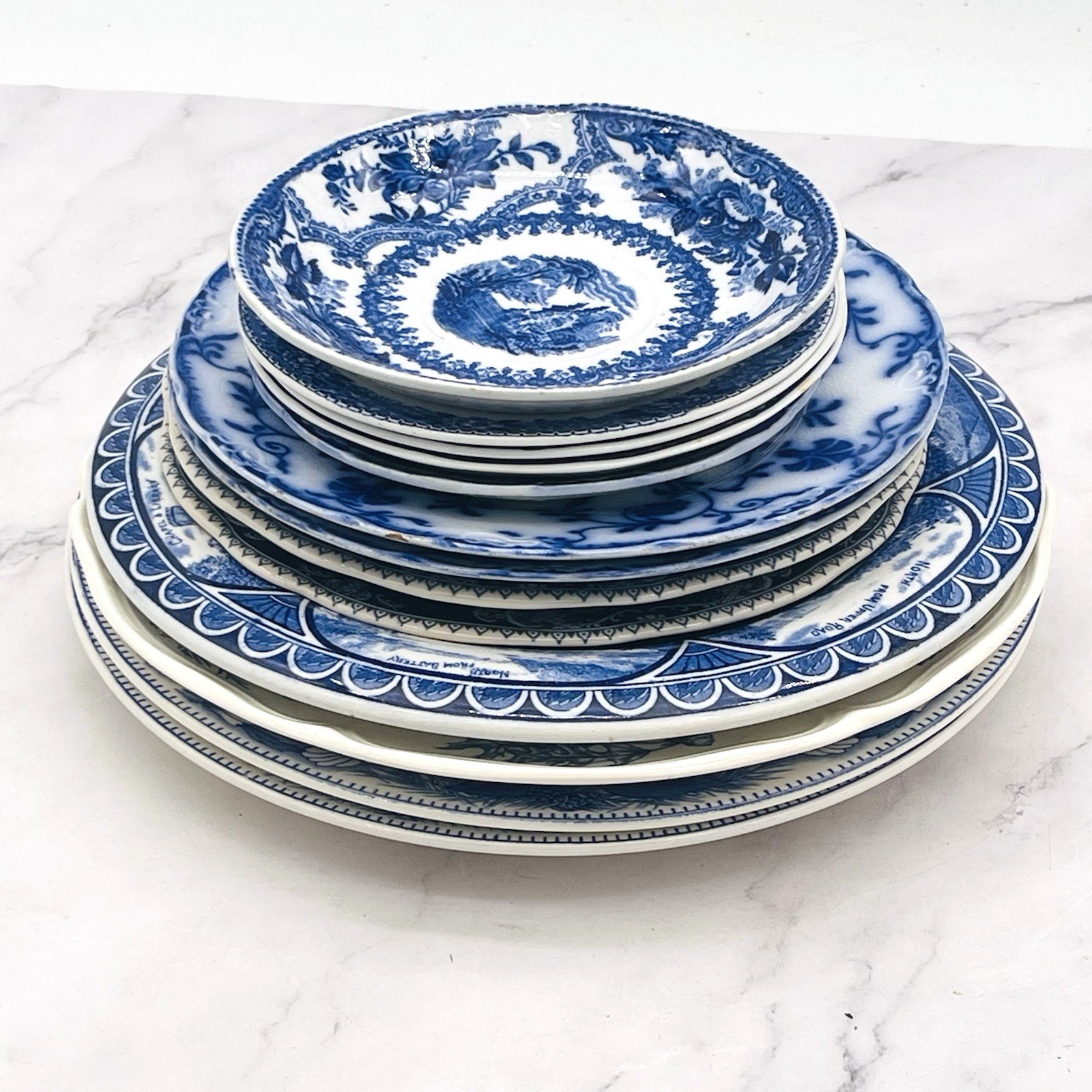 Set of 13 Vtg Atq Blue & White Plates Wall Collage Display Decor Mostly England