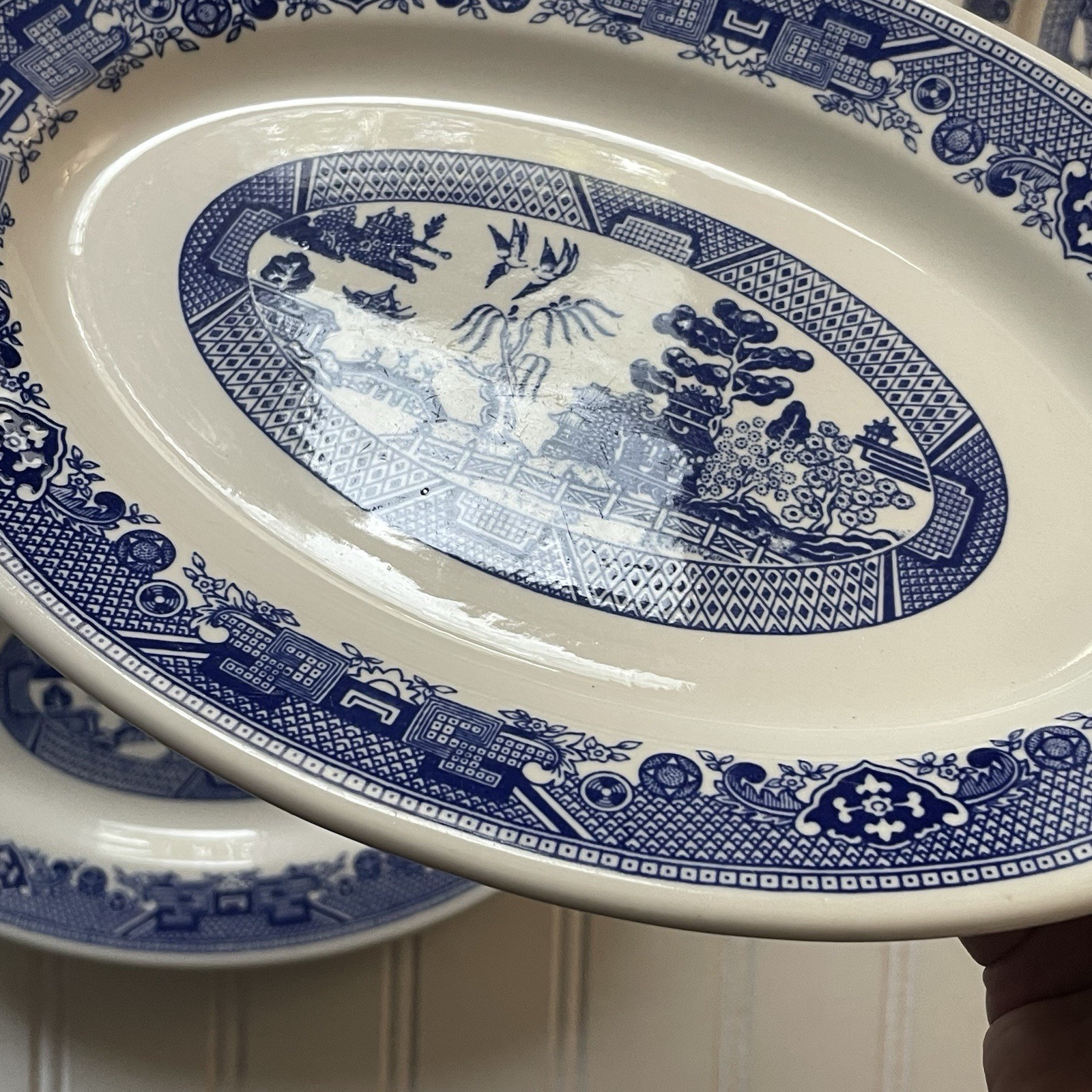 Vtg Buffalo China Blue Willow Restaurant Ware Oval Platter Set 3 Serving Plates