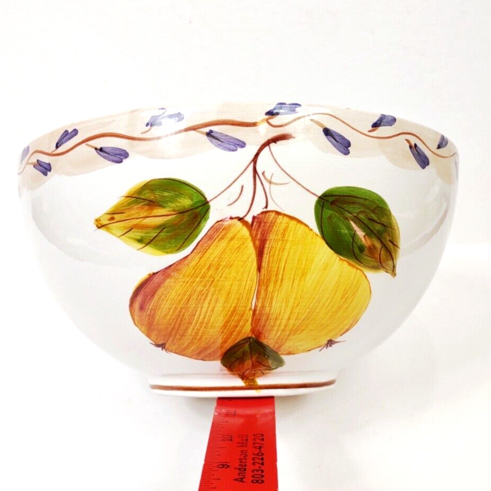 Large Hand Painted Pears Vines Tuscan 9 in Round Serving Bowl Salad Vegetable