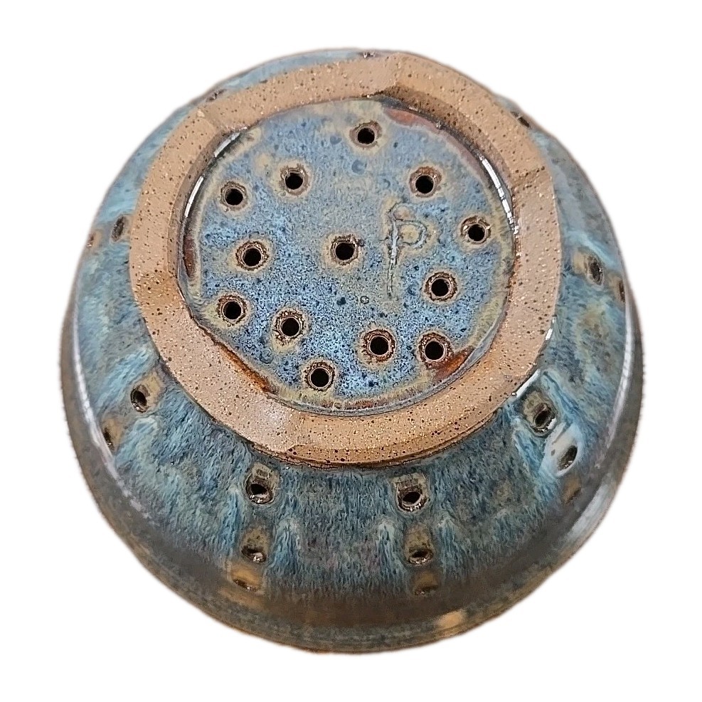 Glazed Pottery Vegetable Strainer Bowl Blue Beige Colander Heavy Kitchenware