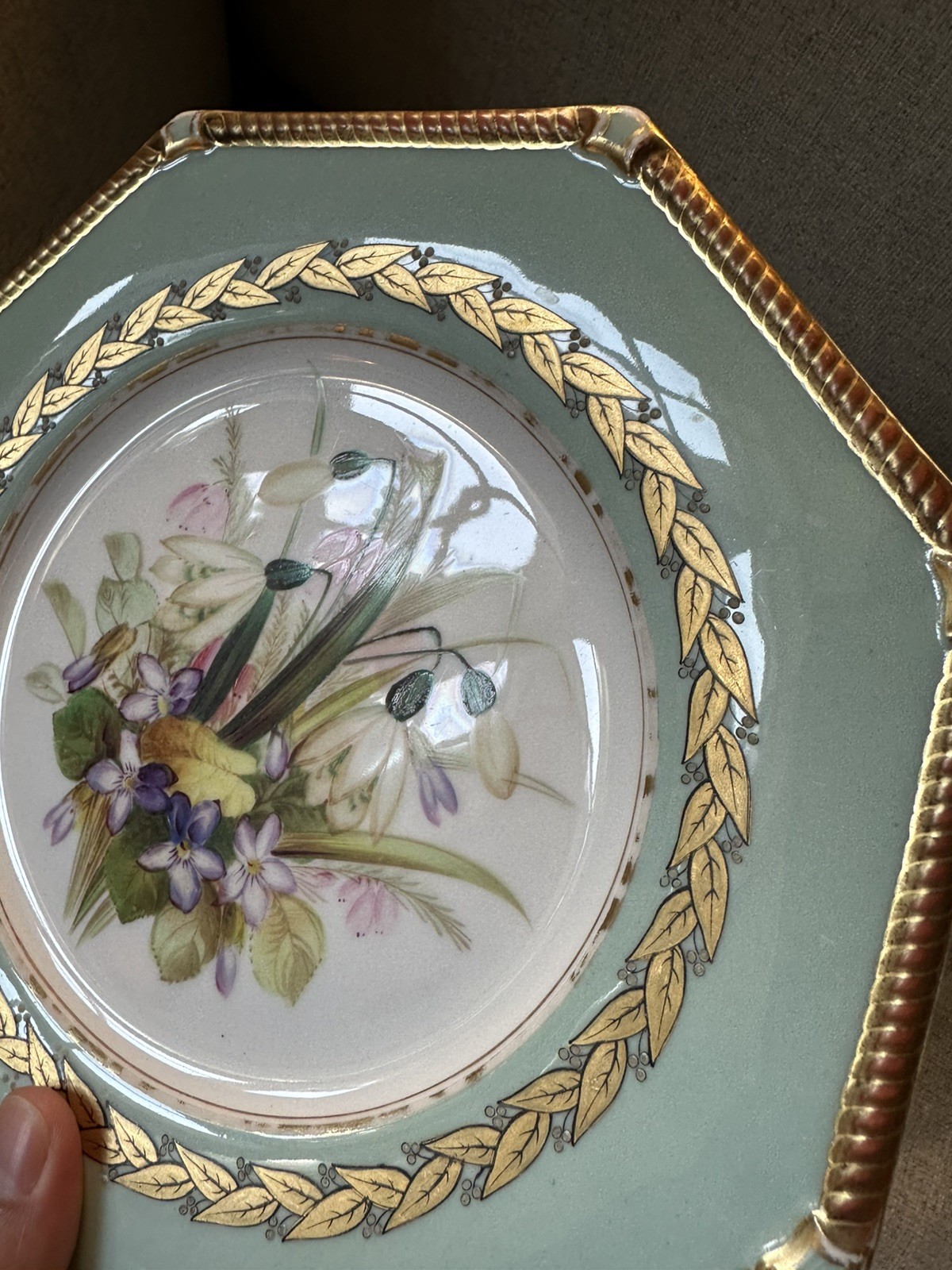 Pair Antique Royal Worcester Botanical hand painted octagonal Plates Floral Gilt