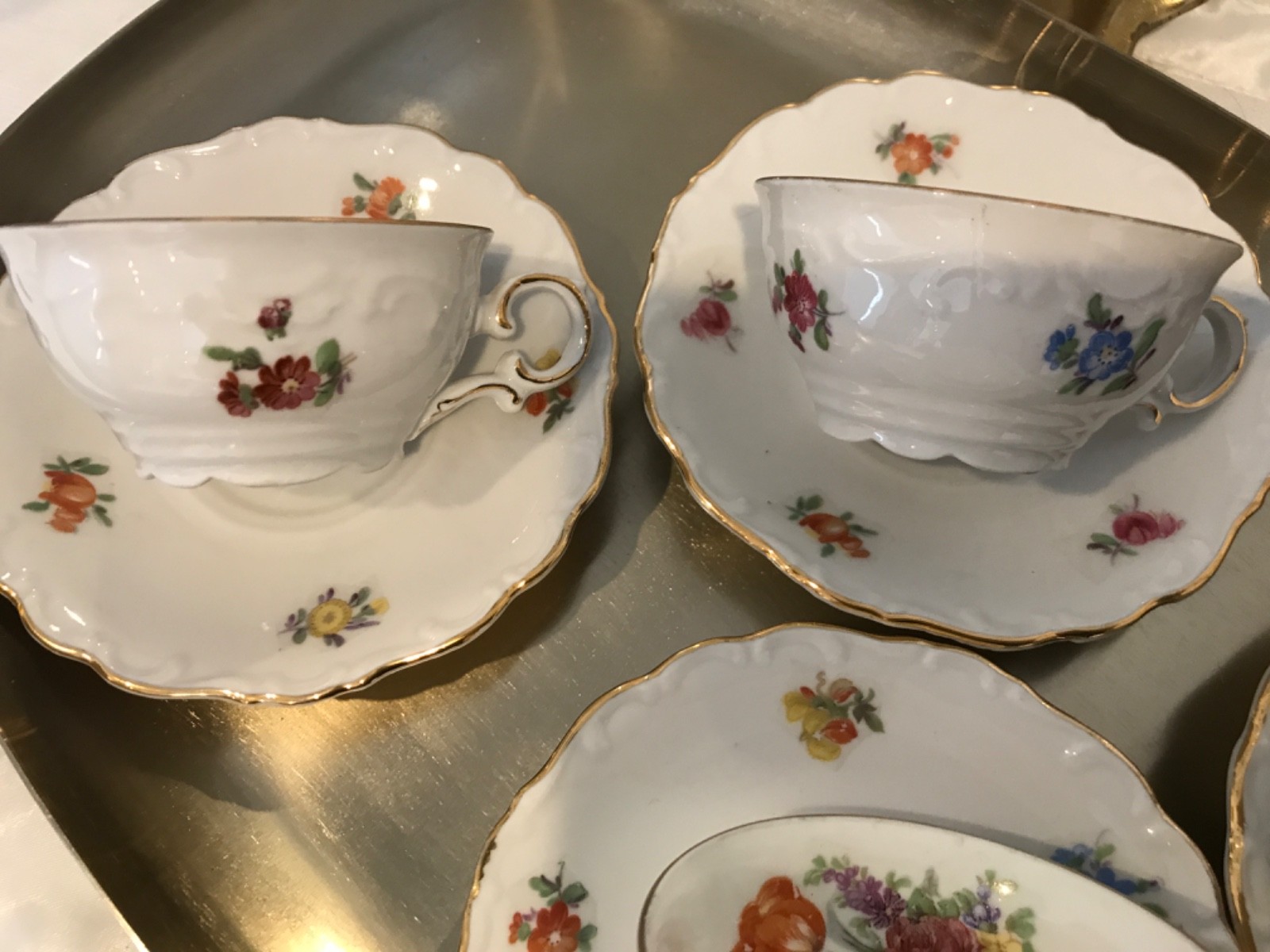 VTG Mitterteich Bavaria Meissen Floral Teacup & Saucer, Set of 4, Gold trim EUC