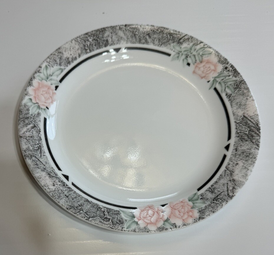 CORELLE Silk and Roses – 7 1/4″ Bread Dessert Plate Gray Band Pink Roses