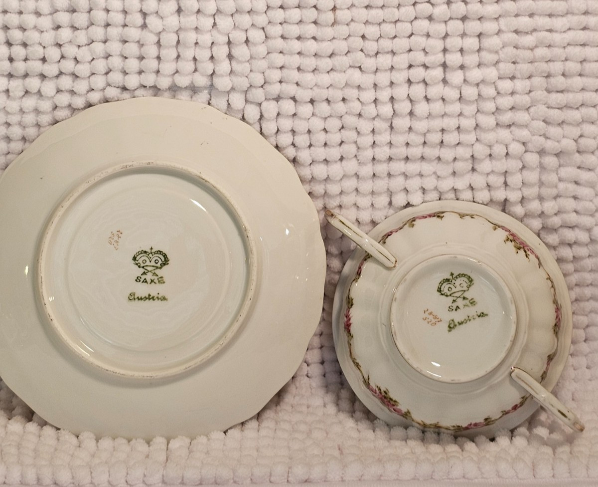 Bouillon cups w/ saucers, set of three, vintage china, Haviland, Vignaud, Saxe
