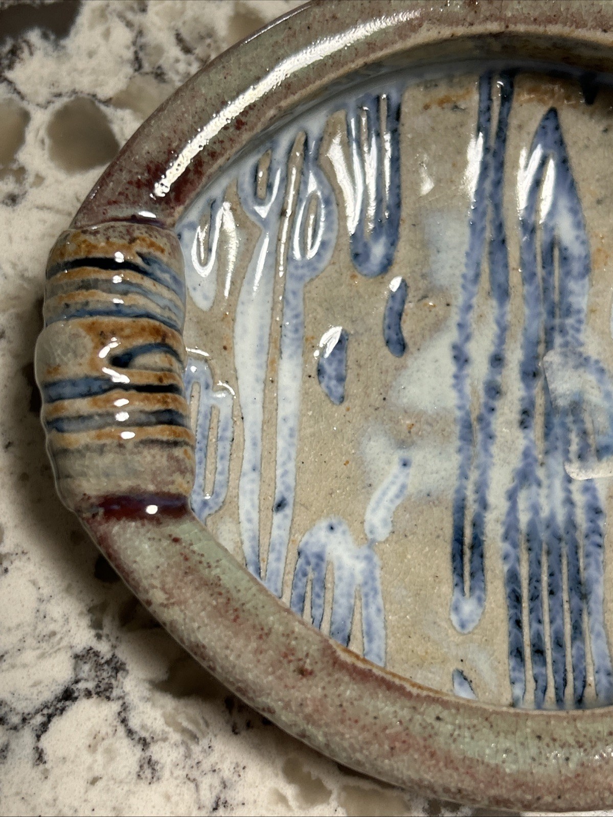 Art Pottery Bowl 5 7/8″x4 1/2”Oval Rich Blue Glaze Embossed Signed One of a Kind