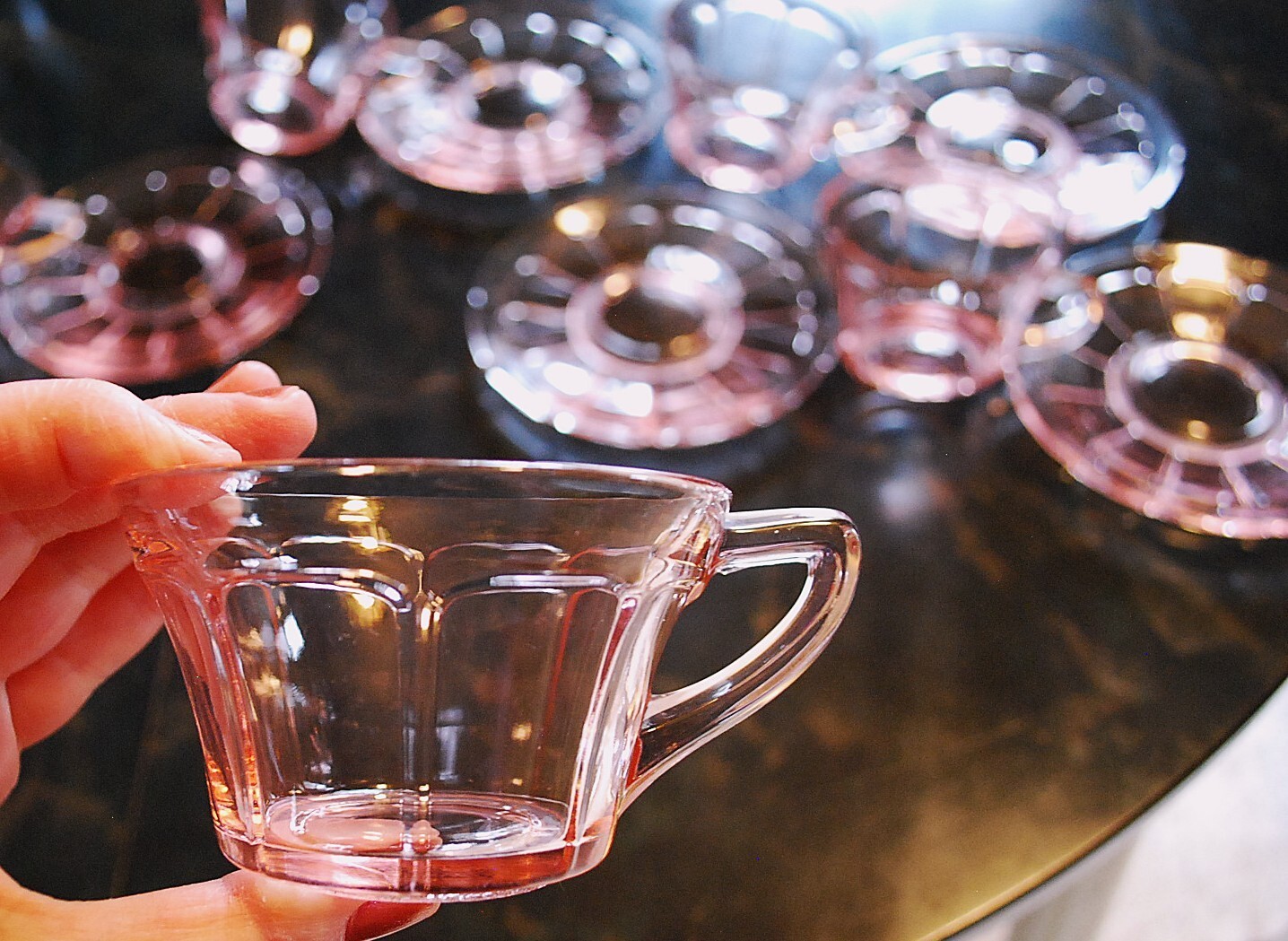 Vtg Set 5 ‘VICTORY’ PINK DEPRESSION GLASS Cups/Matching Saucers c1930 By Diamond