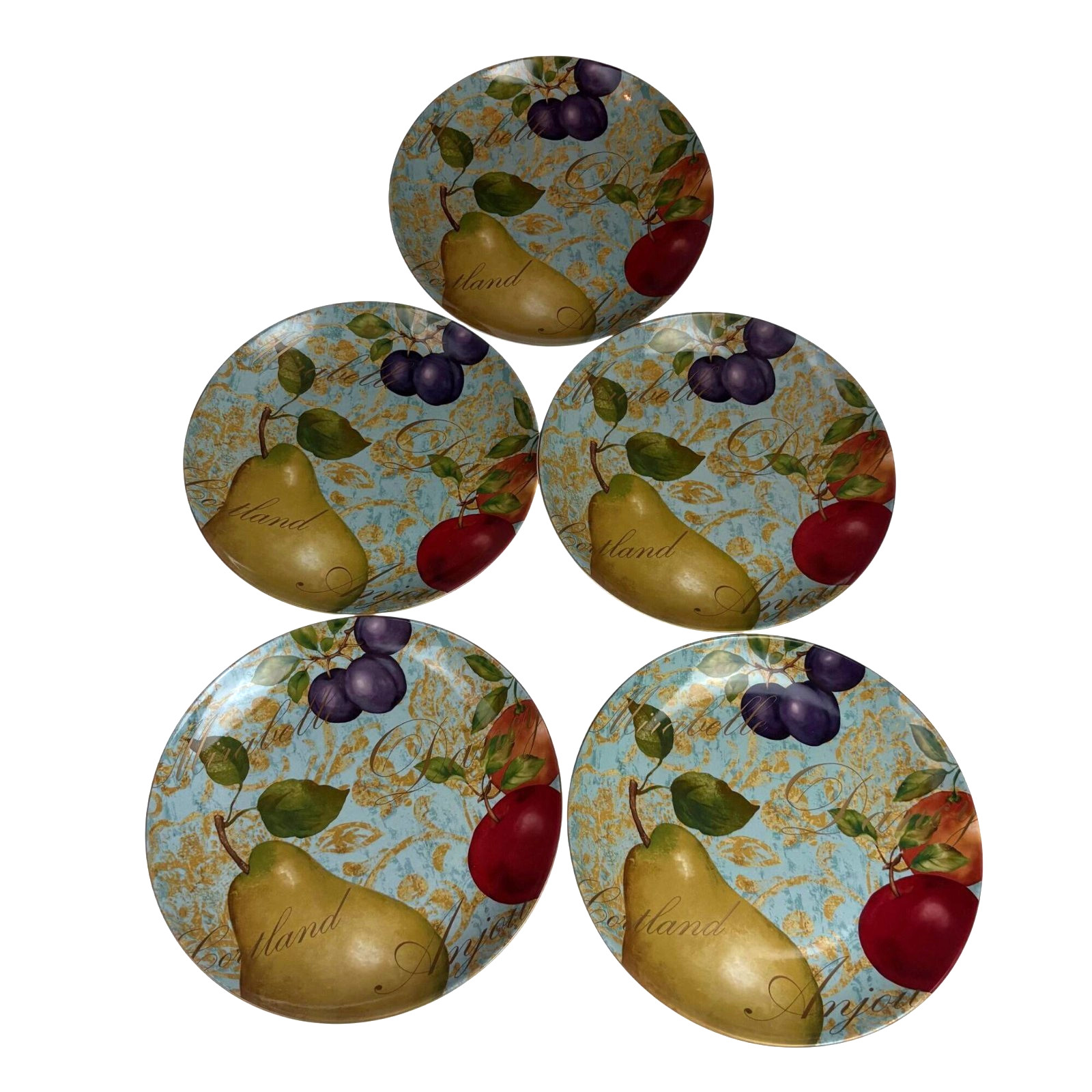 222 Fifth Fruit Renaissance Fine China 10″ Dinner Plate Pear Plum Apple Set 5