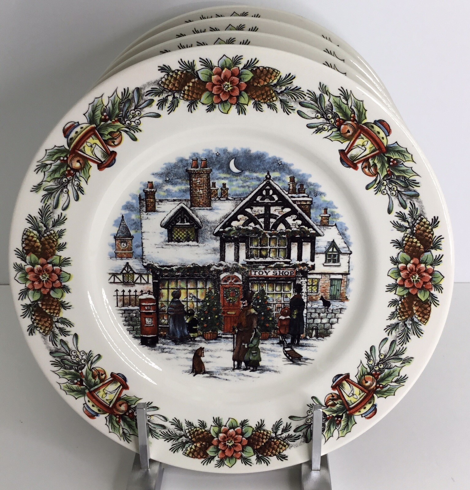 4 Royal Stafford Dinner Plates 11” Christmas Toy Shop Winter Snow NEW