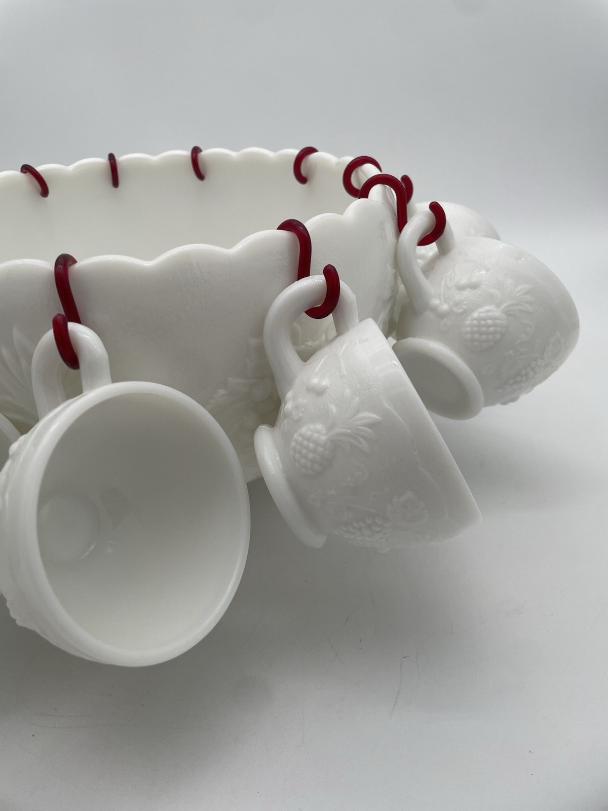 Westmoreland Milk Glass Grape Paneled Punch Bowl Set 12 Cups Hooks Pedestal
