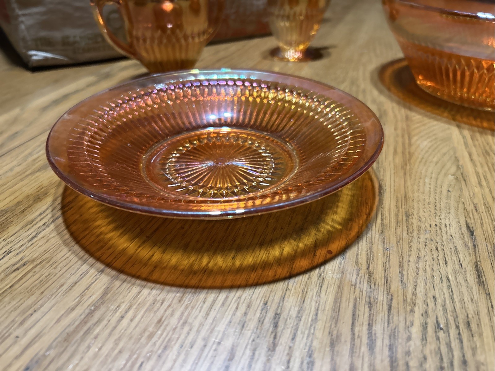 Vintage glass ware 35 Piece Set Jeannette Glass Co. Original Box gold orange