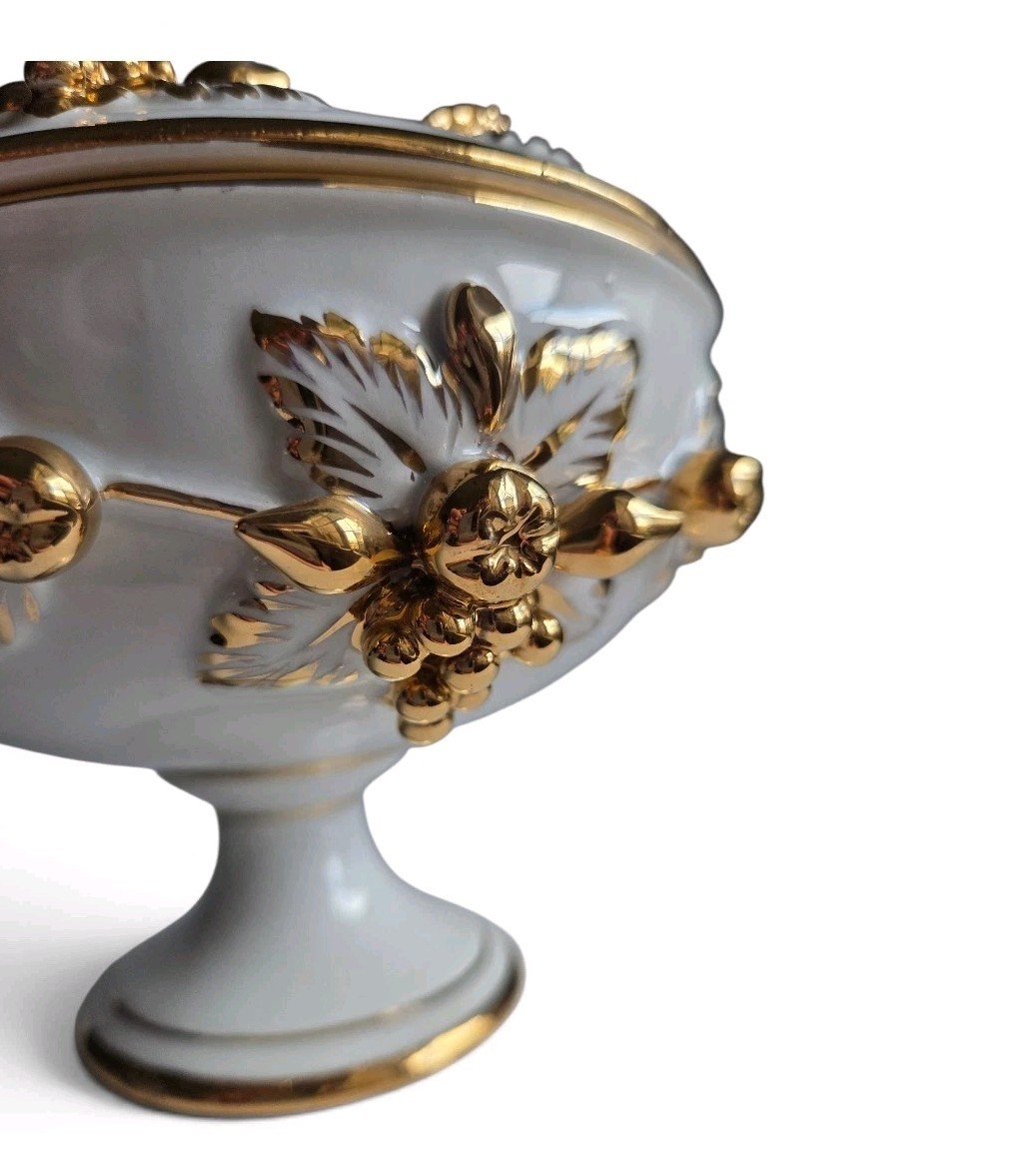 VTG Italian Covered Pedestal Candy Dish Gold Gilt Grapes KBNY Style 2309 Italy