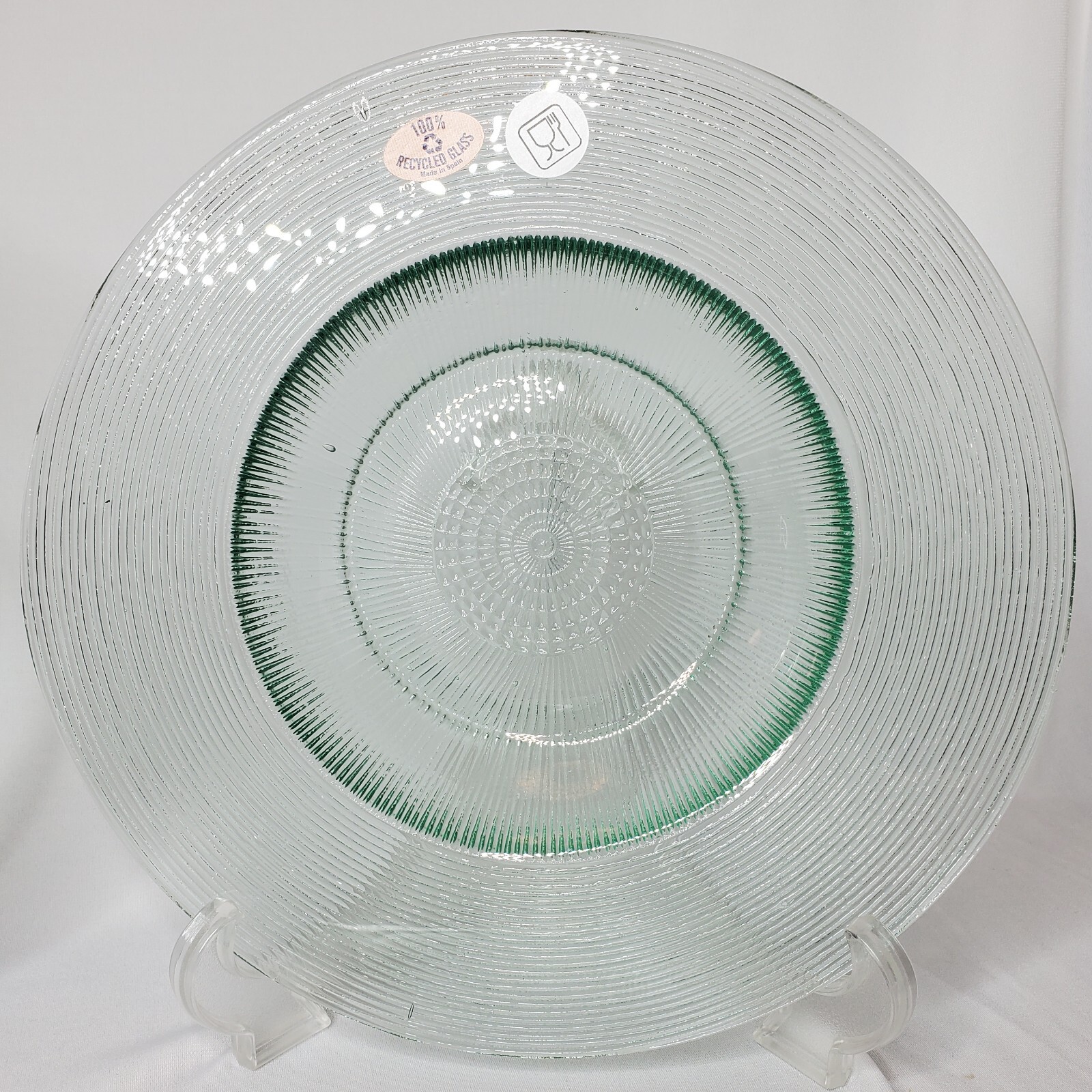 4 Recycled Spanish Glass Dinner Plates 10″ Set Wide Rim Clear Green Textured NOS