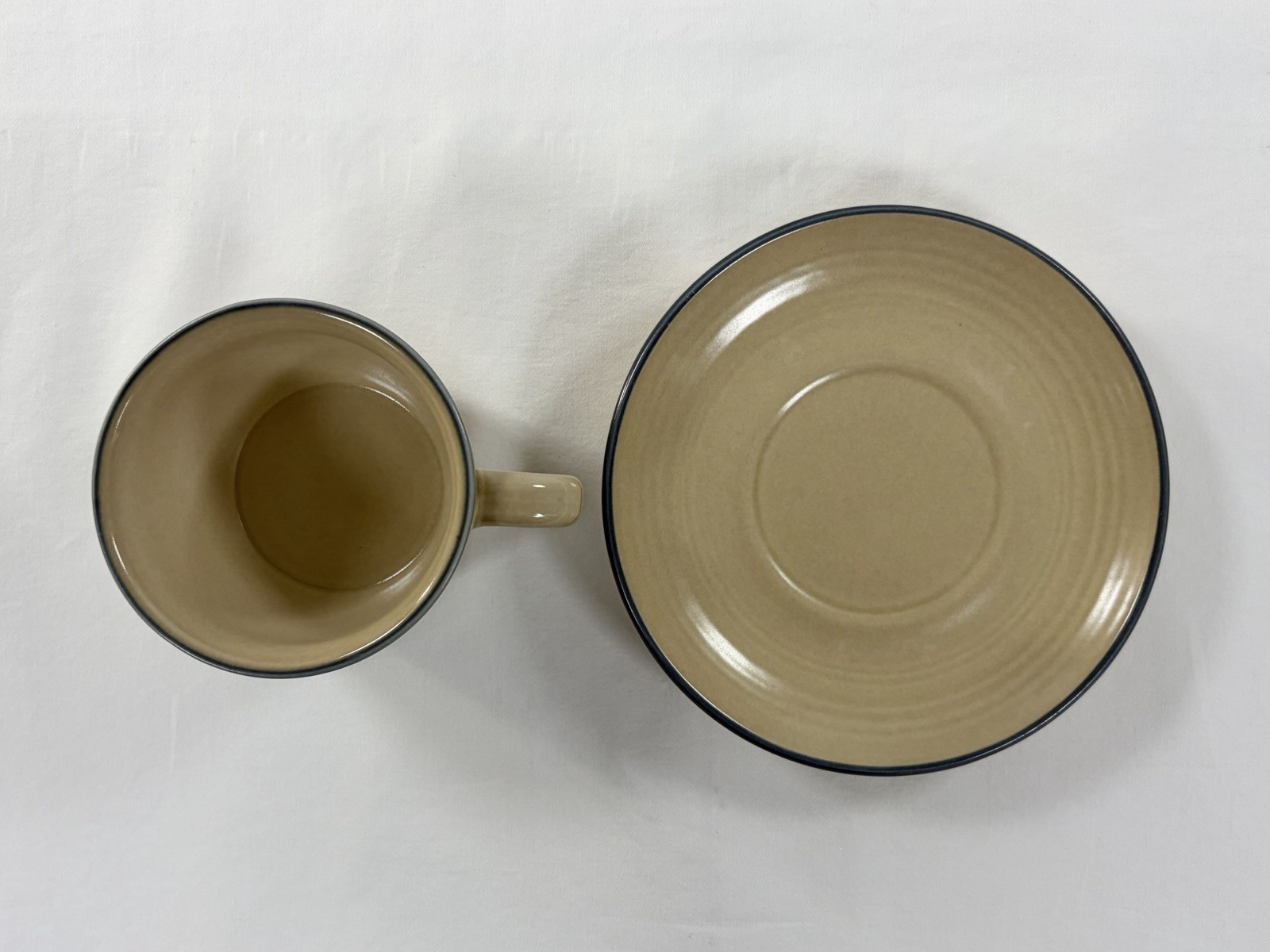 Vintage Pfaltzgraff Folk Art Stoneware Coffee Cup Saucer Set Tan Blue Floral