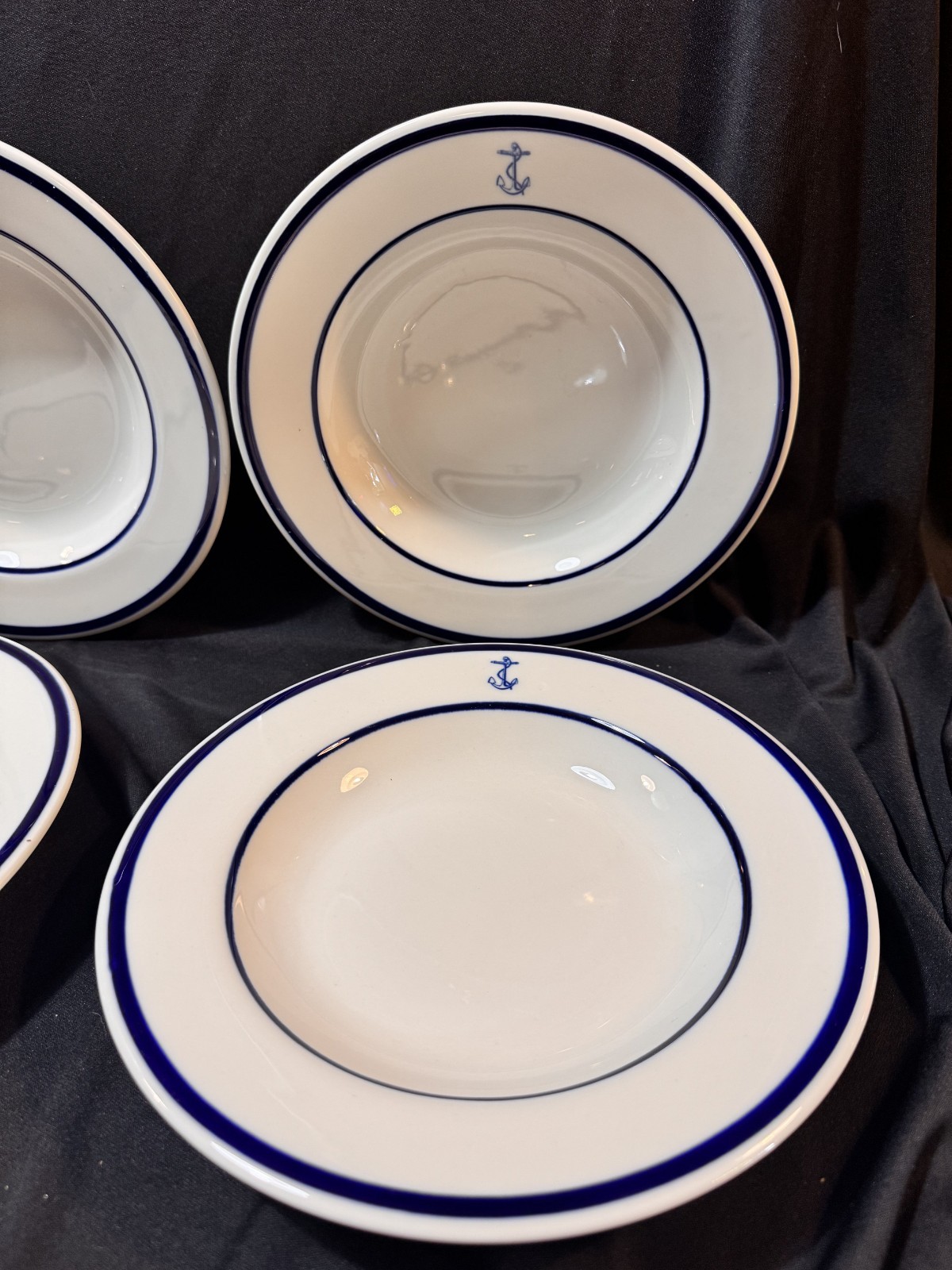 4 Vtg US Navy Blue Anchor Jackson China Restaurant Ware 9″ Pasta Bowls Nautical