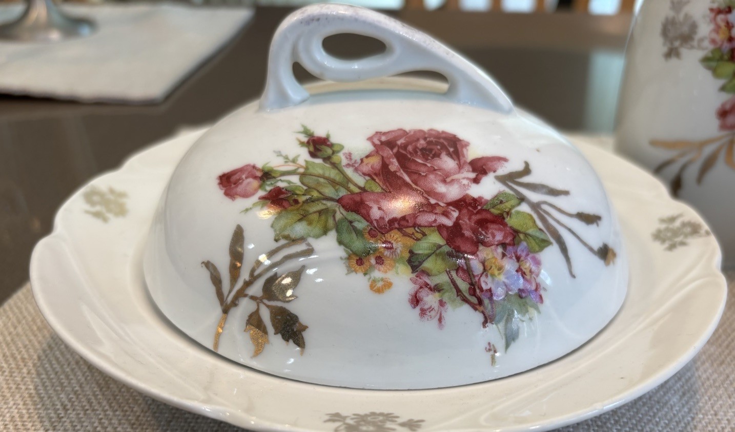 RS Prussia Hand Painted Porcelain Creamer, Butter Dish + Lid & Bud Vase Floral